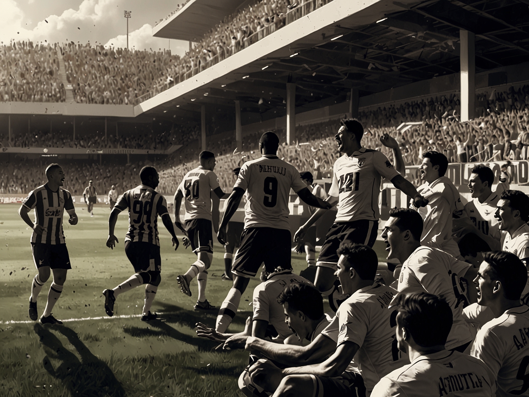 An action-packed scene from the match between Atlético de San Luis and Monterrey, showcasing players in mid-game with the crowd cheering in the background, encapsulating the joy and tension of the game.