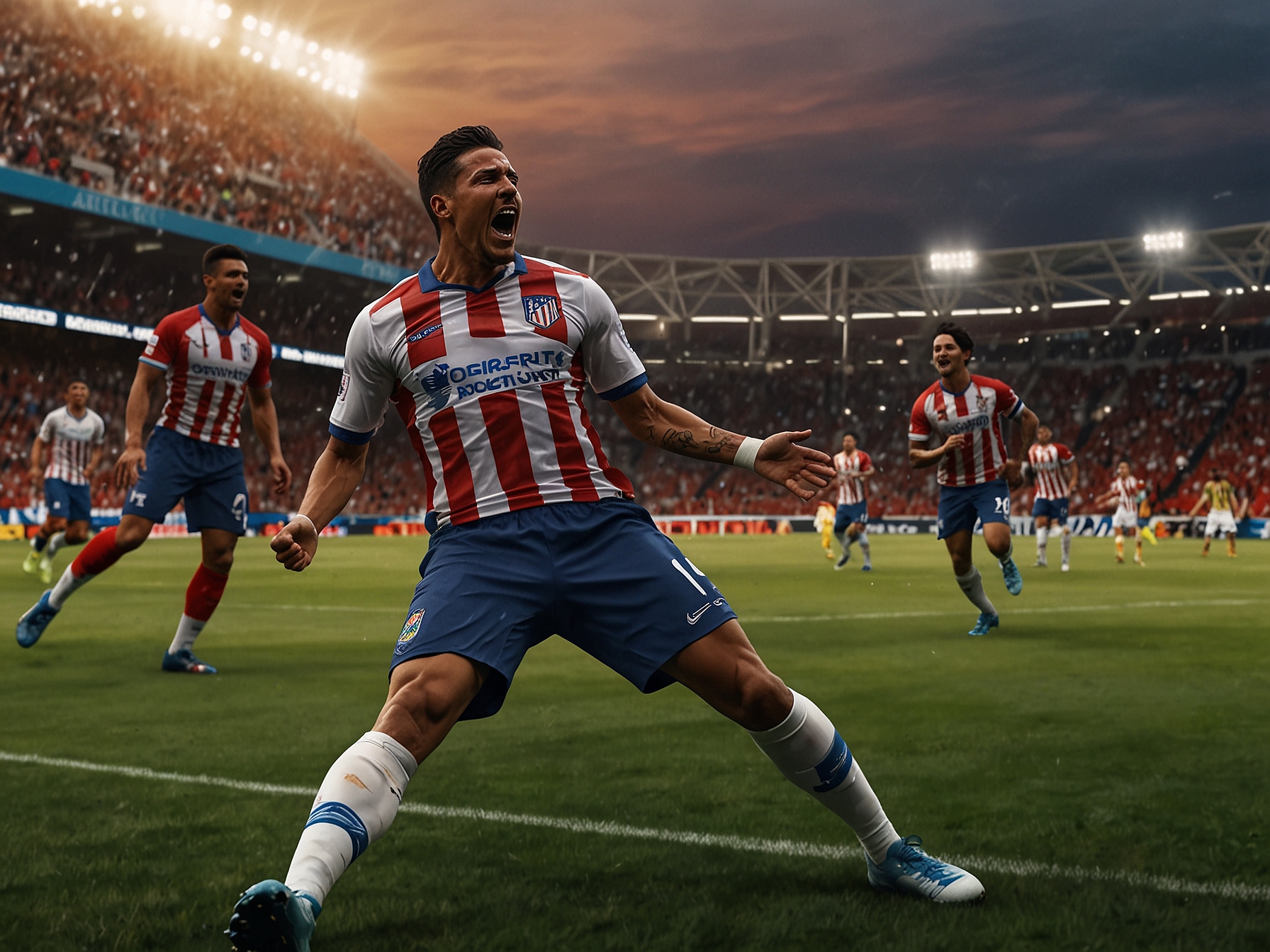 A panoramic view of the stadium filled with Atlético de San Luis fans, waving flags and banners, expressing their unwavering support during the intense match against Monterrey.