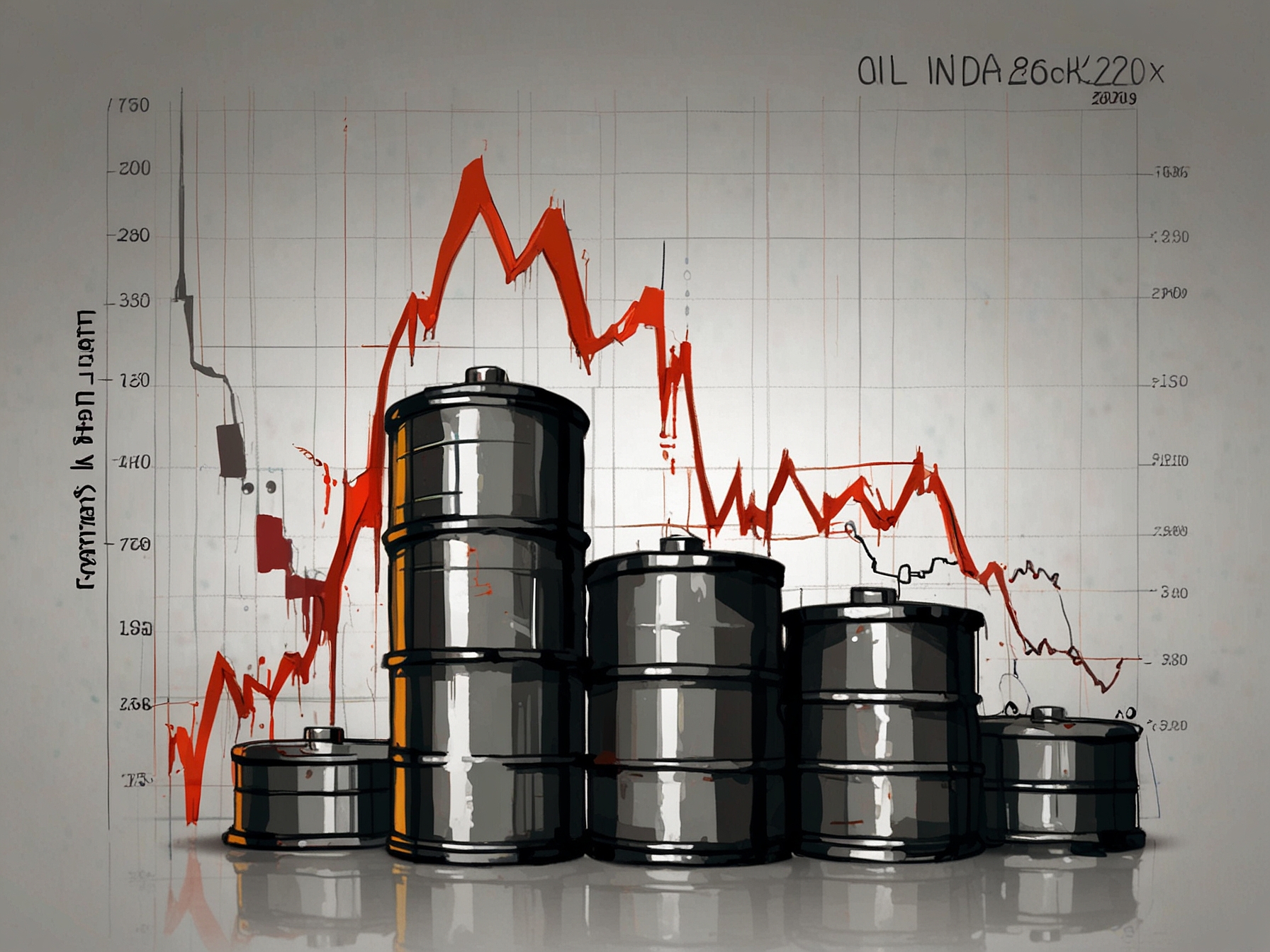 An illustrative graph showing the fluctuations in Oil India's stock price over the past year, alongside the BSE OIL & GAS index trends, highlighting the correlation between the two during recent market dips.