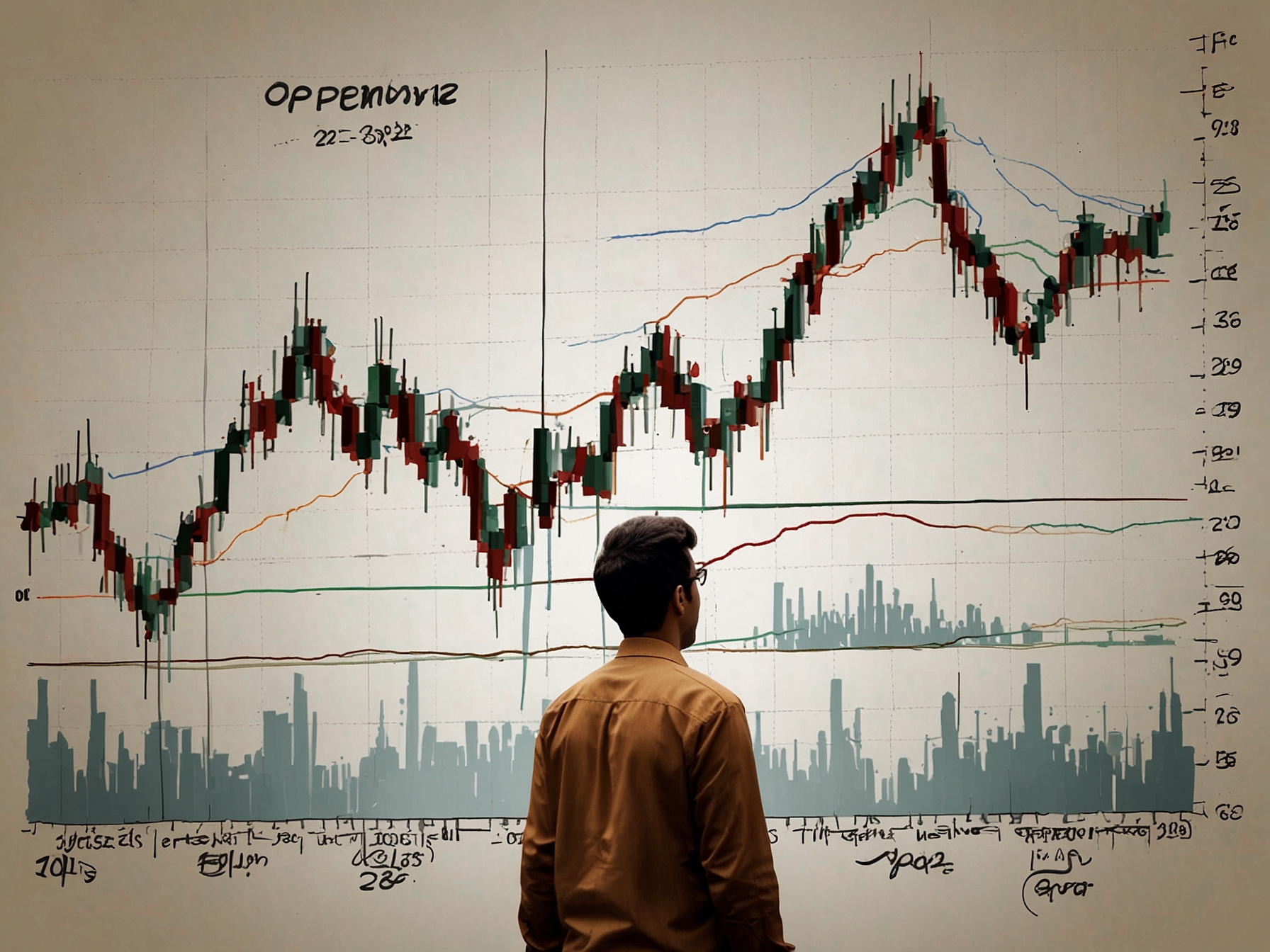 A stock market trading floor scene with traders monitoring stock performance on screens, reflecting the tension and uncertainty in the oil sector as prices decline despite past gains.