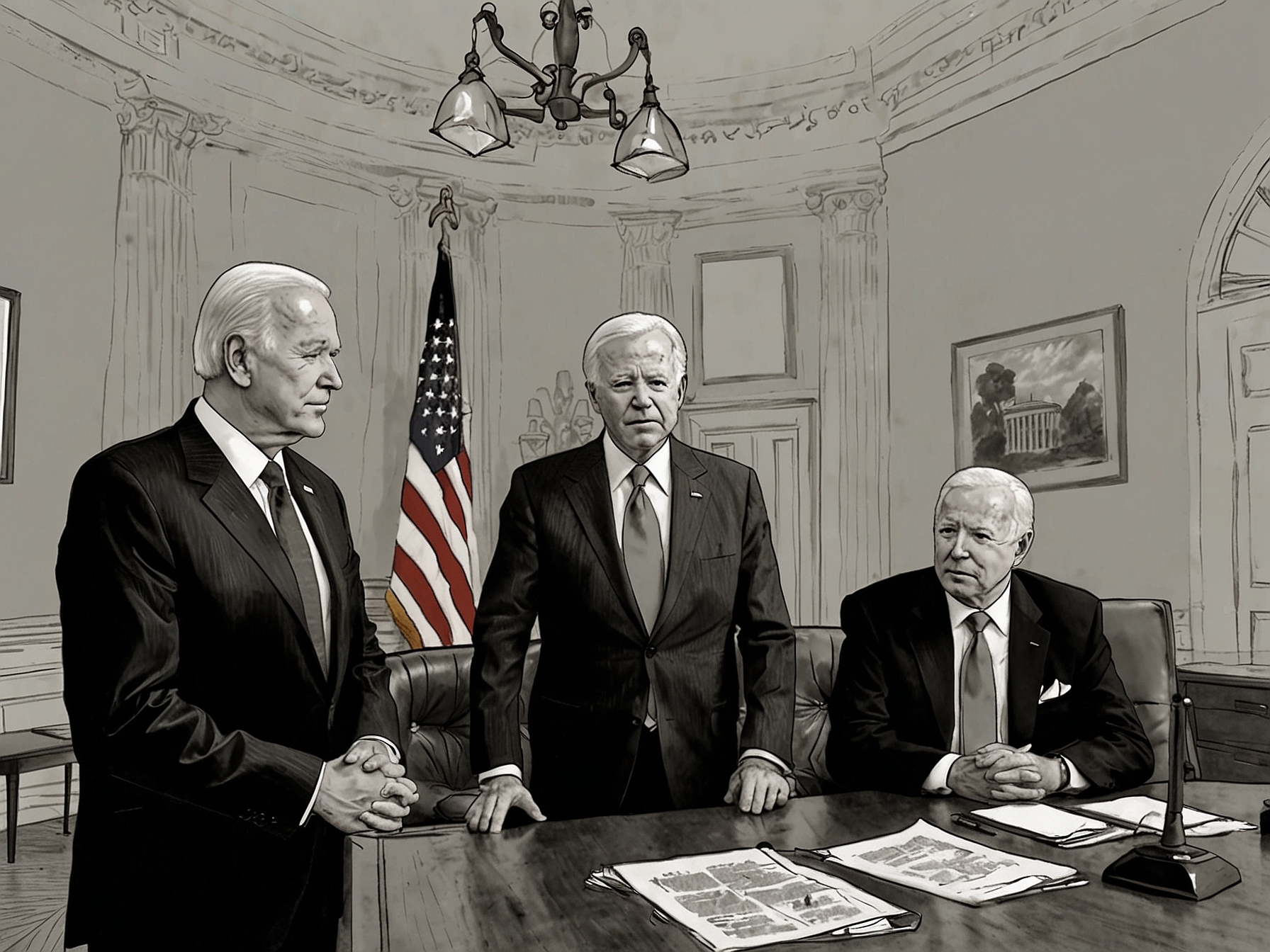 A tense White House meeting with Biden and his aides discussing legal strategies in the context of Trump's possible return. The atmosphere is serious, with charts and legal documents on the table.