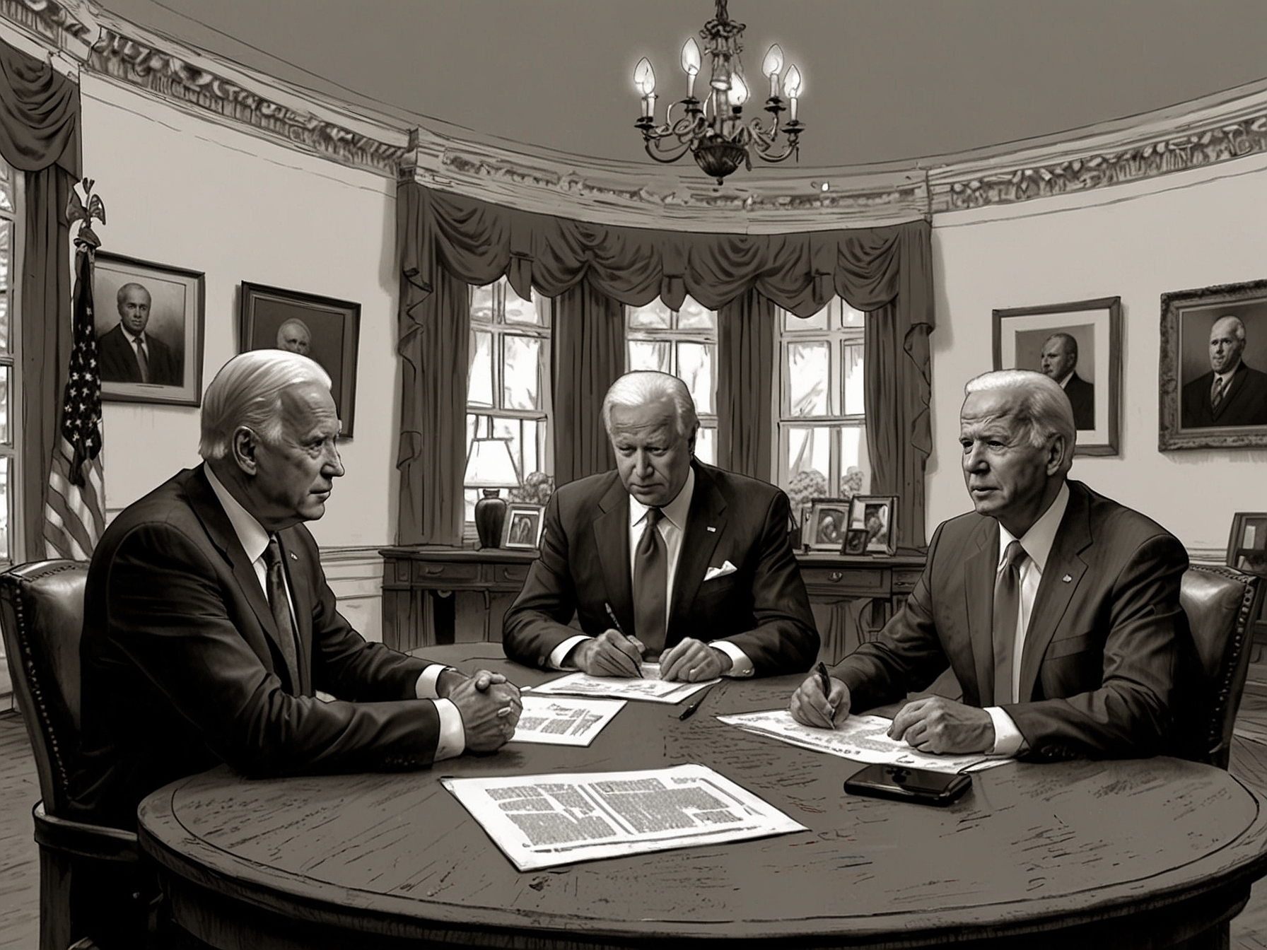 An illustration depicting Biden reflecting on the weight of his potential decisions surrounded by portraits of key political figures, emphasizing the historical precedent of pardons.