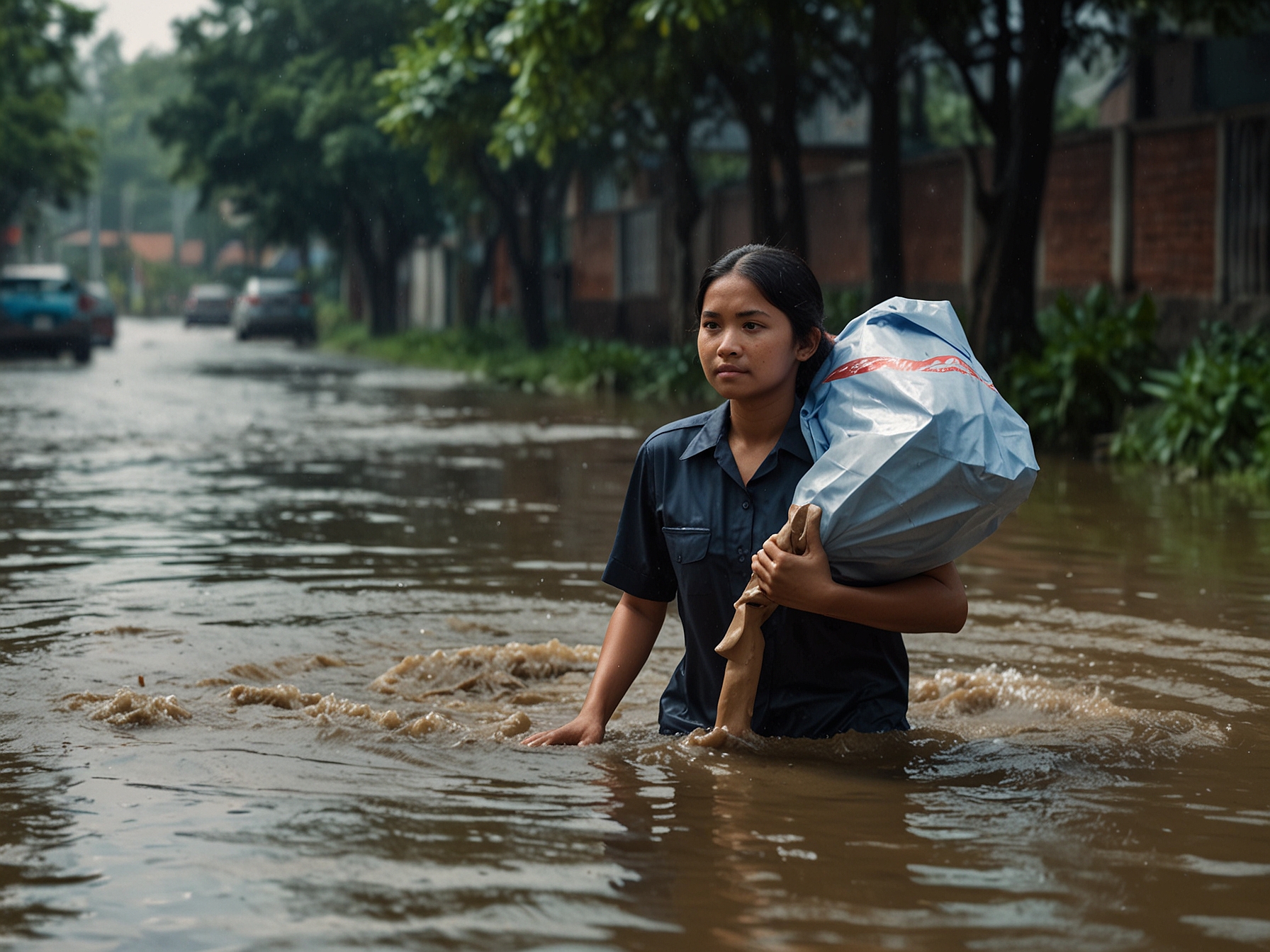 A determined mother, Ineu Damayanti, swims through flooding waters to retrieve her child's school uniform, showcasing her bravery and commitment in the face of natural disaster.