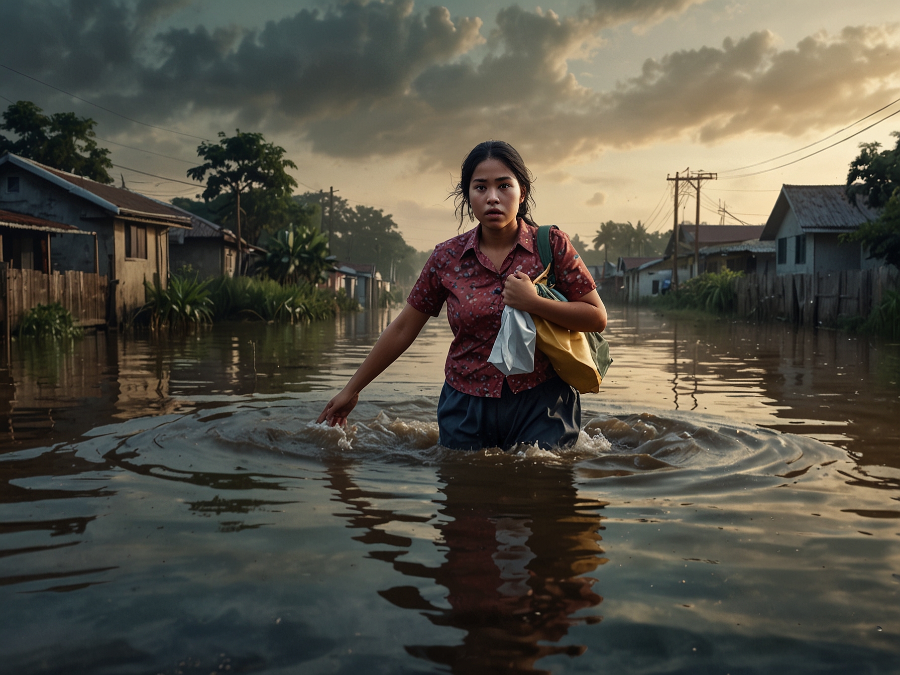 A flooded landscape in Indonesia, with submerged homes and rising waters, serves as a backdrop for a mother's heroic efforts to secure her child's educational future amidst chaos.