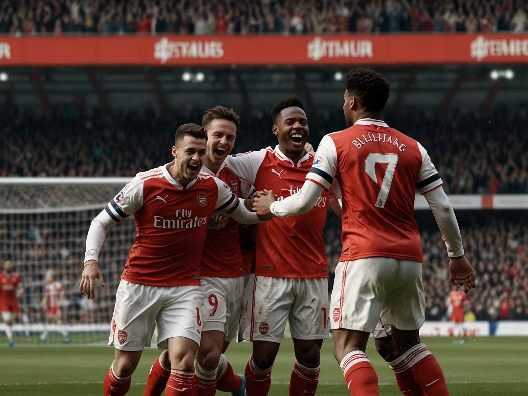 An action shot capturing Arsenal players celebrating after scoring a goal from a corner during their match against Manchester United, showcasing their teamwork and determination.