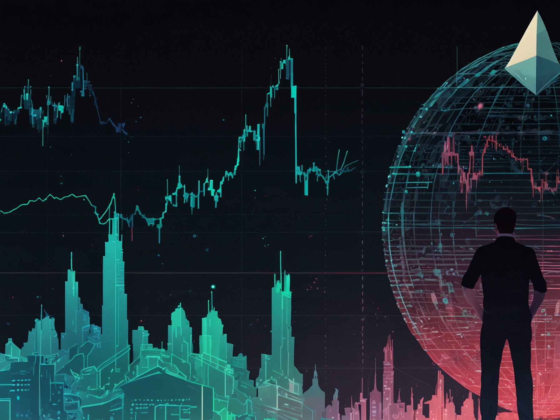Illustration of Ethereum's logo intertwined with graphical elements representing financial forecasts, showcasing a timeline of potential price growth up to $14,000 by 2025.