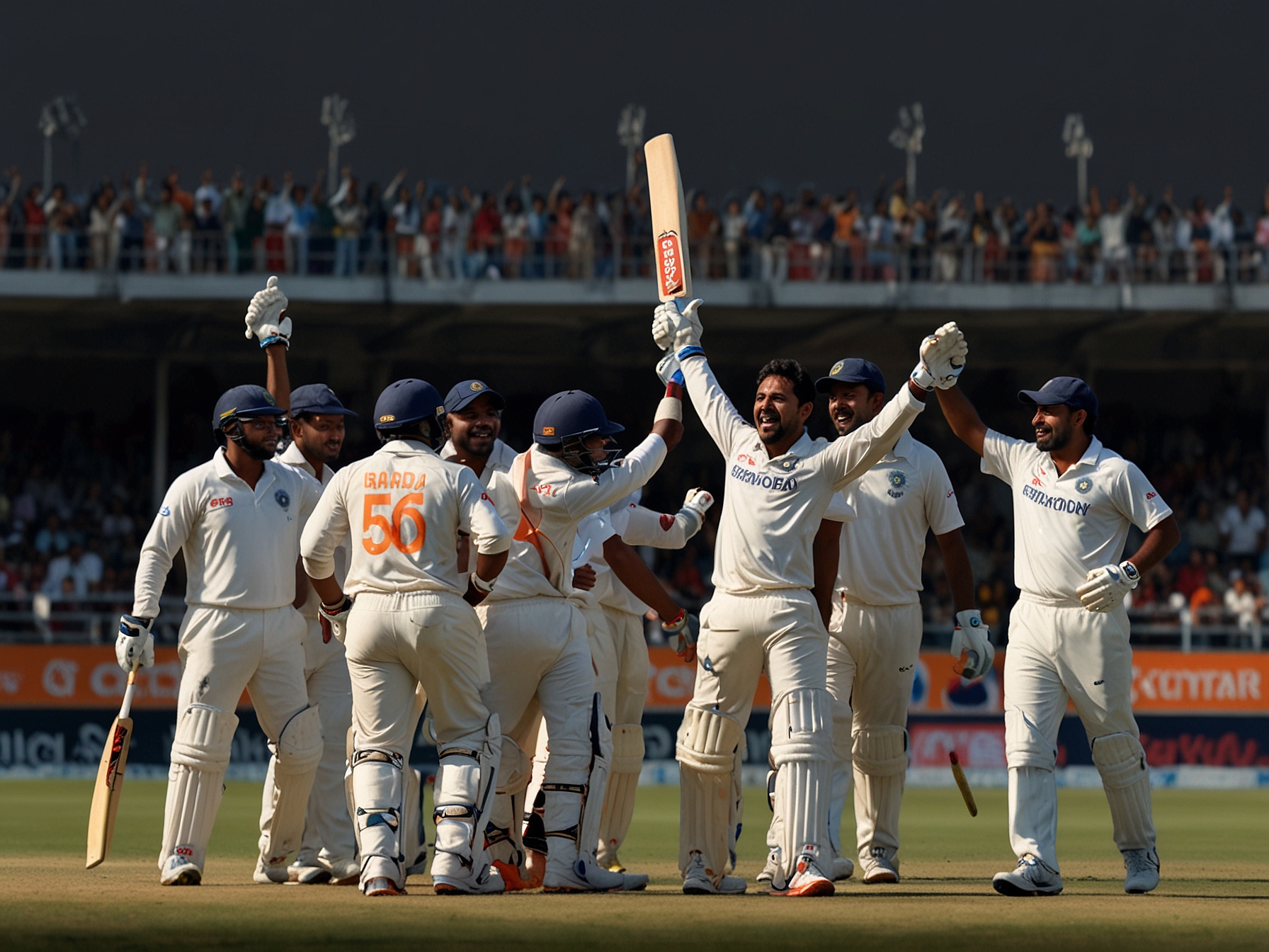 A vibrant image showcasing the Baroda cricket team celebrating their incredible score of 349 runs, with Bhanu Pania at the center raising his bat triumphantly after his remarkable innings.