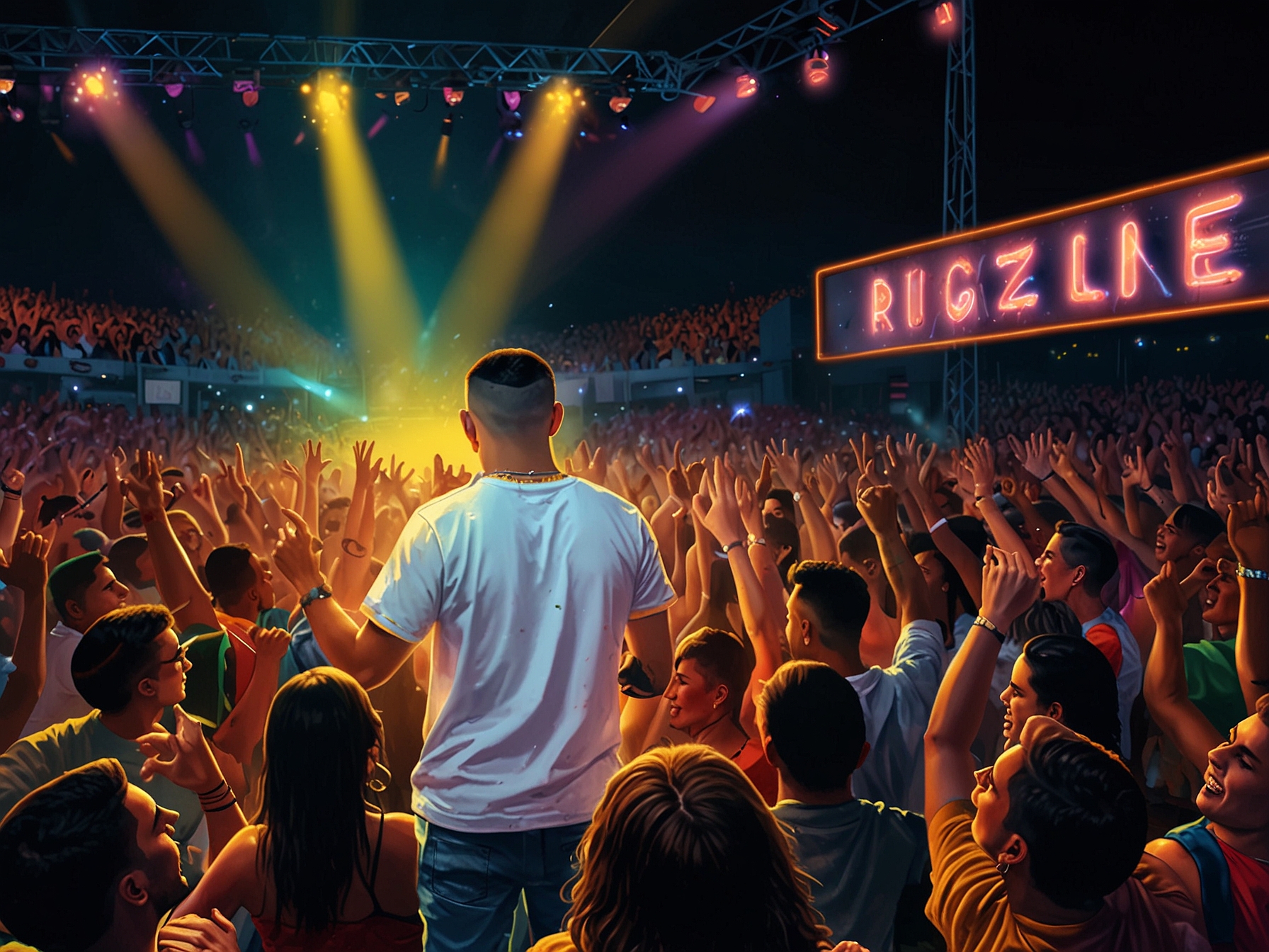 A vibrant concert scene showcasing Bad Bunny and Peso Pluma performing, surrounded by enthusiastic fans. The stage is illuminated with colorful lights, reflecting the fusion of reggaeton and traditional Mexican music.