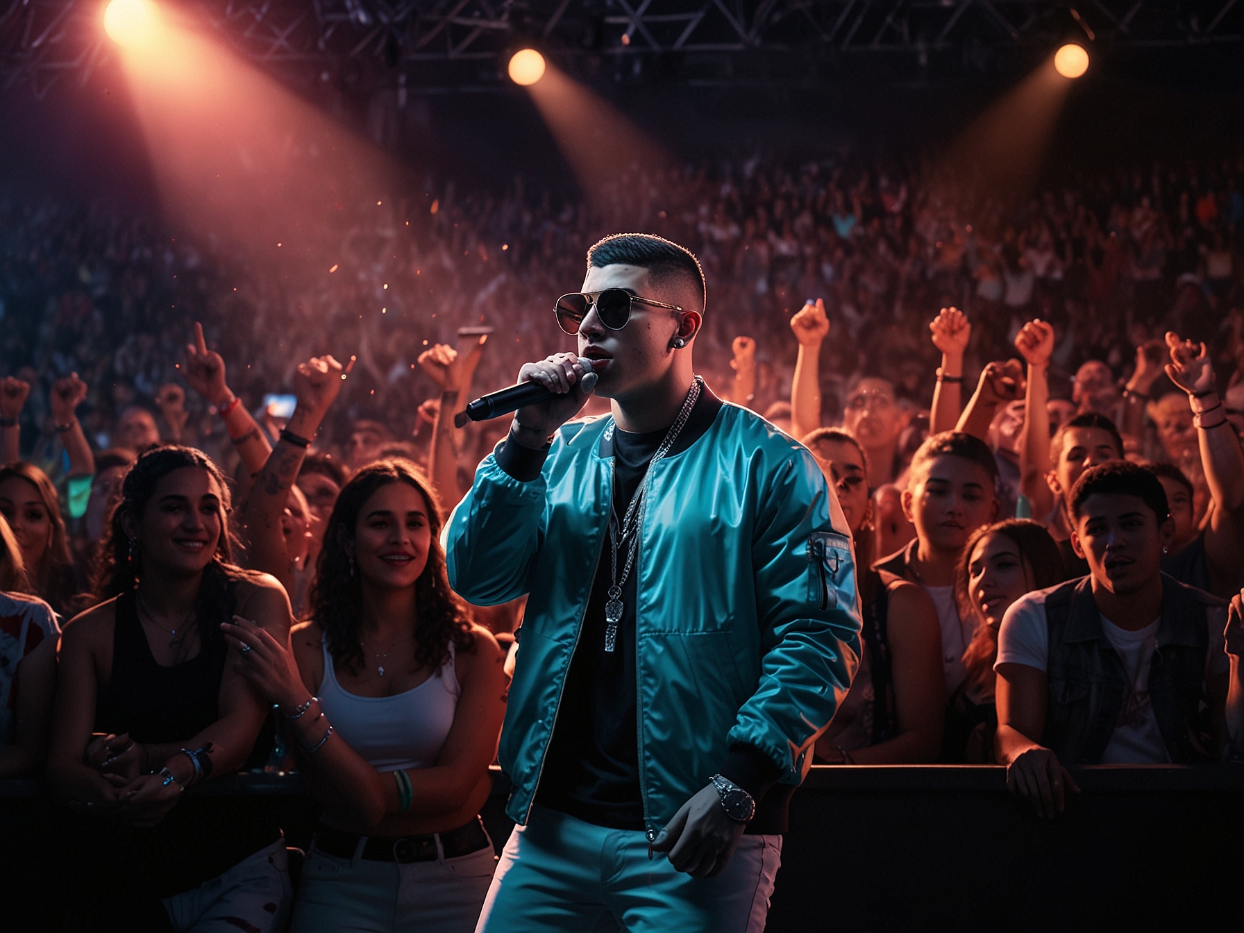 An artistic collage of Bad Bunny and Peso Pluma, symbolizing the blend of reggaeton and corridos. Their expressions convey passion for music as they stand against a backdrop of iconic Mexican landmarks.