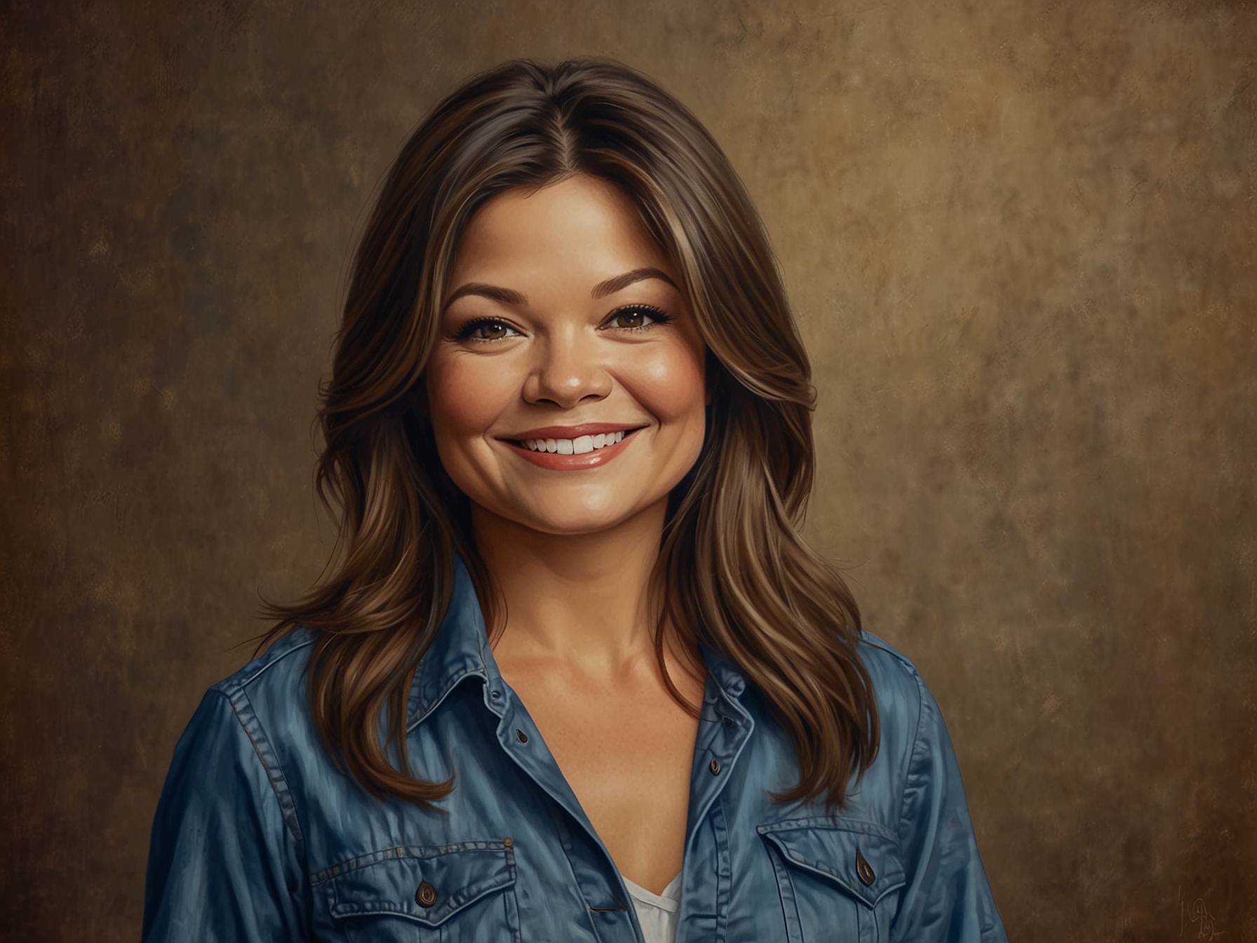 A portrait of Valerie Bertinelli smiling confidently, with a serene background that represents self-love and positivity, showcasing her journey toward body acceptance.