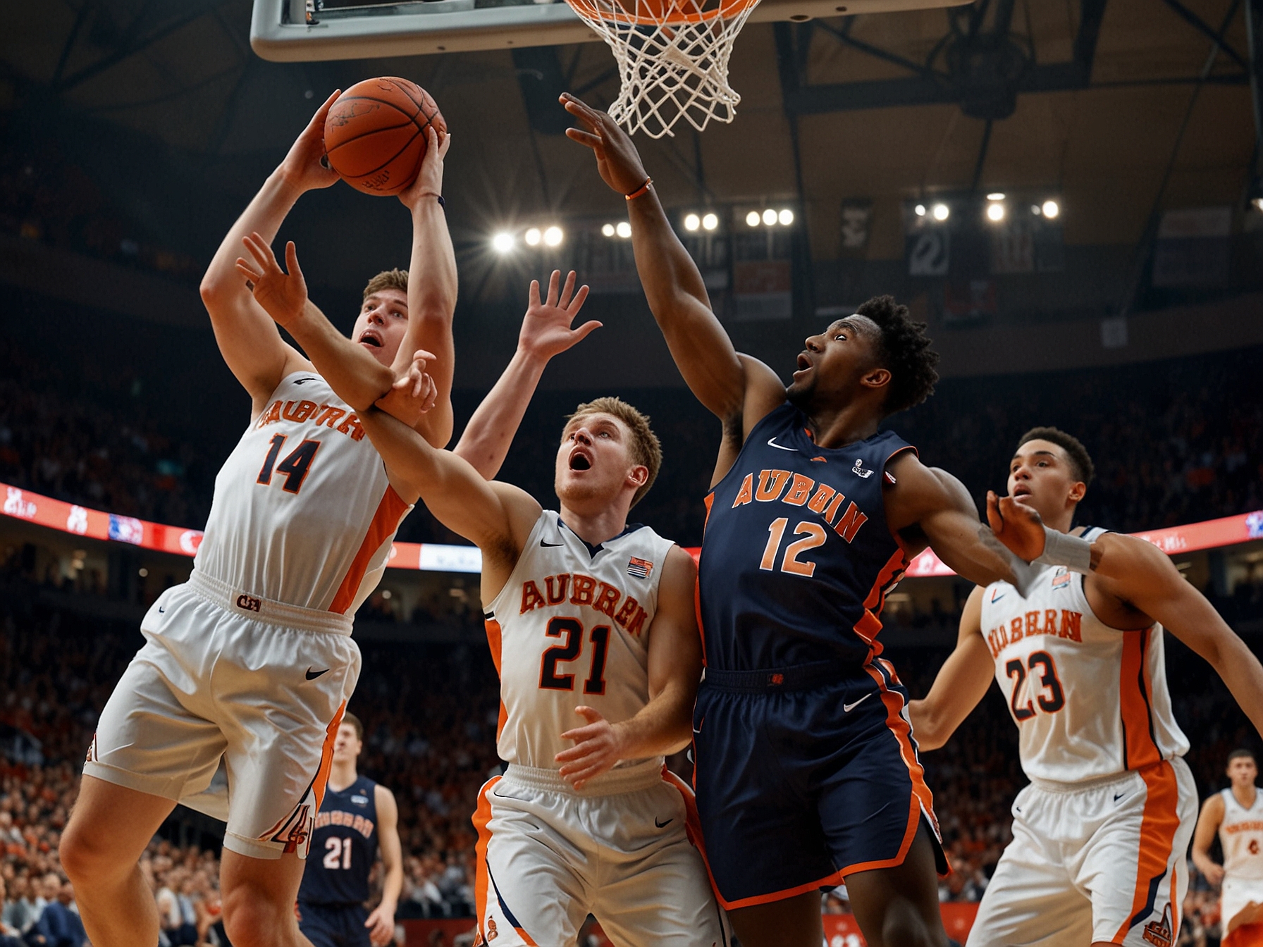 An intense moment from the game showing Cooper Flagg driving to the basket amidst Auburn defenders, capturing the energy and competition of college basketball.
