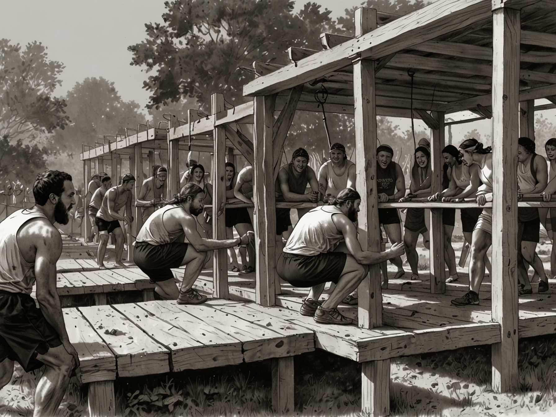 A thrilling moment from Survivor Season 47 shows contestants navigating a challenging obstacle course, embodying the intense emotions of competition alongside the promise of an Italian feast.