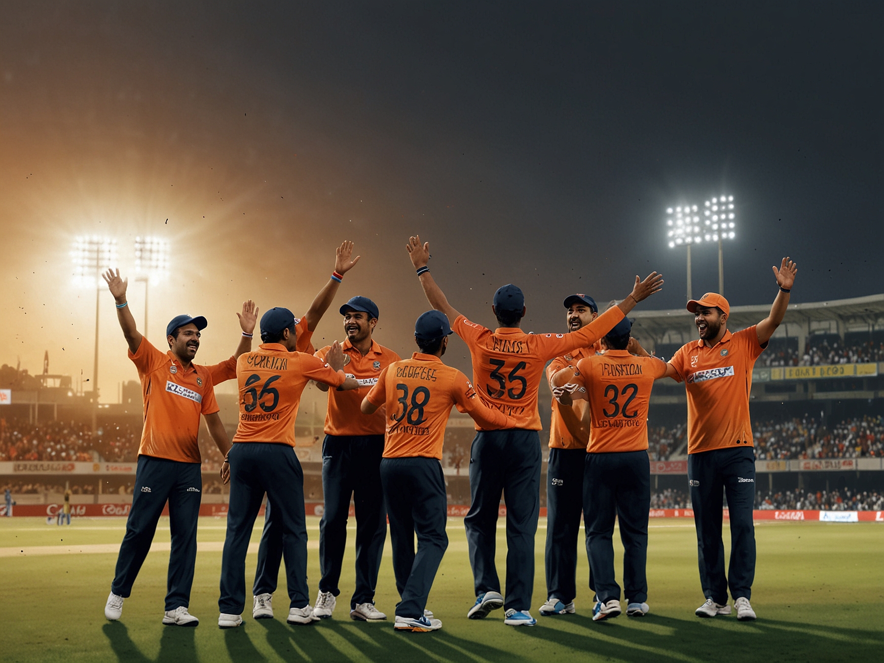 A dynamic image captures Baroda's cricket team celebrating exuberantly after their record-breaking T20 win, with ecstatic fans cheering in the background. The scoreboard highlights their 263-run total.