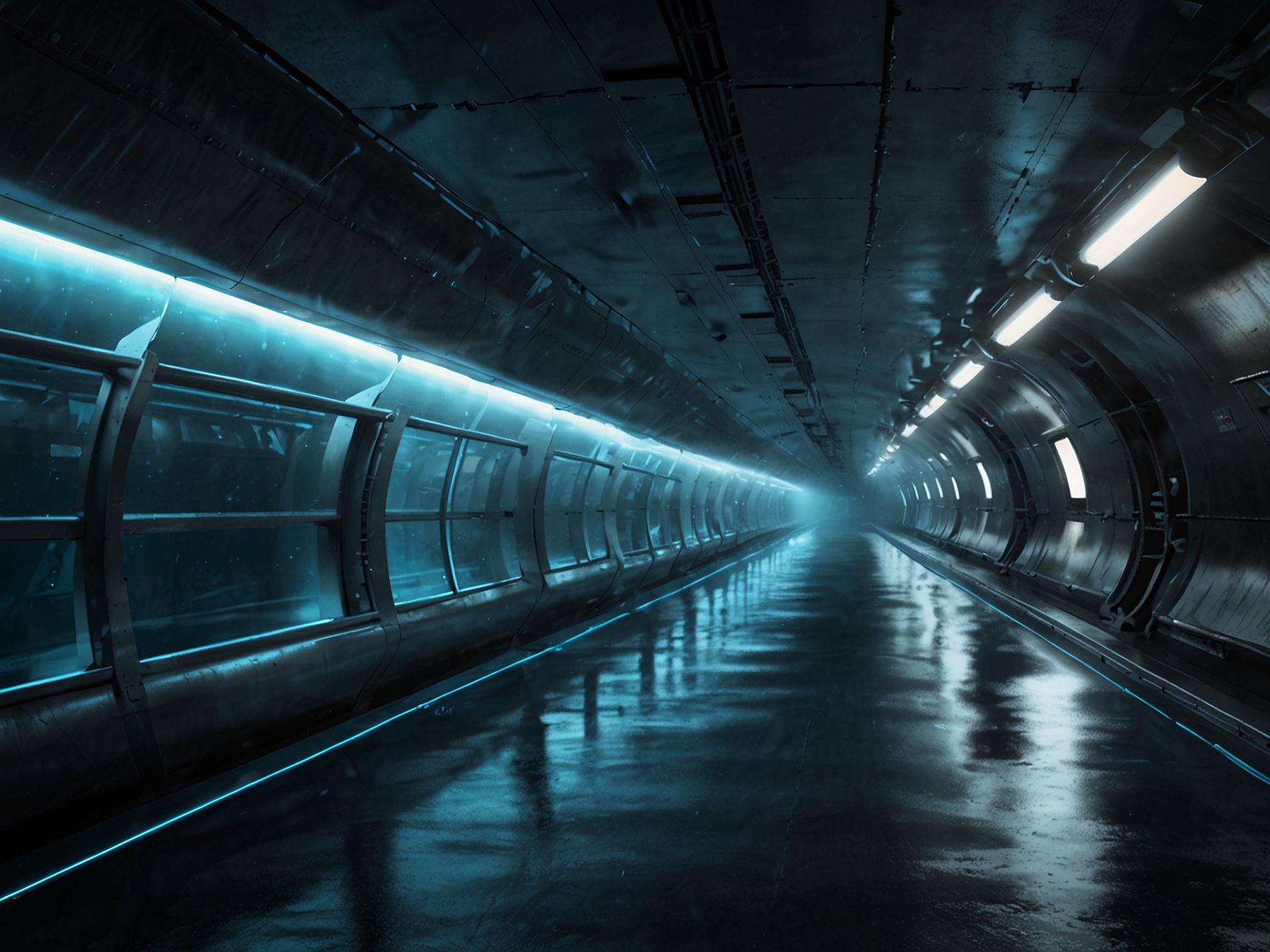 An artistic rendering of a futuristic transatlantic tunnel submerged beneath the Atlantic Ocean, showcasing high-speed trains moving efficiently through a vast underwater corridor.