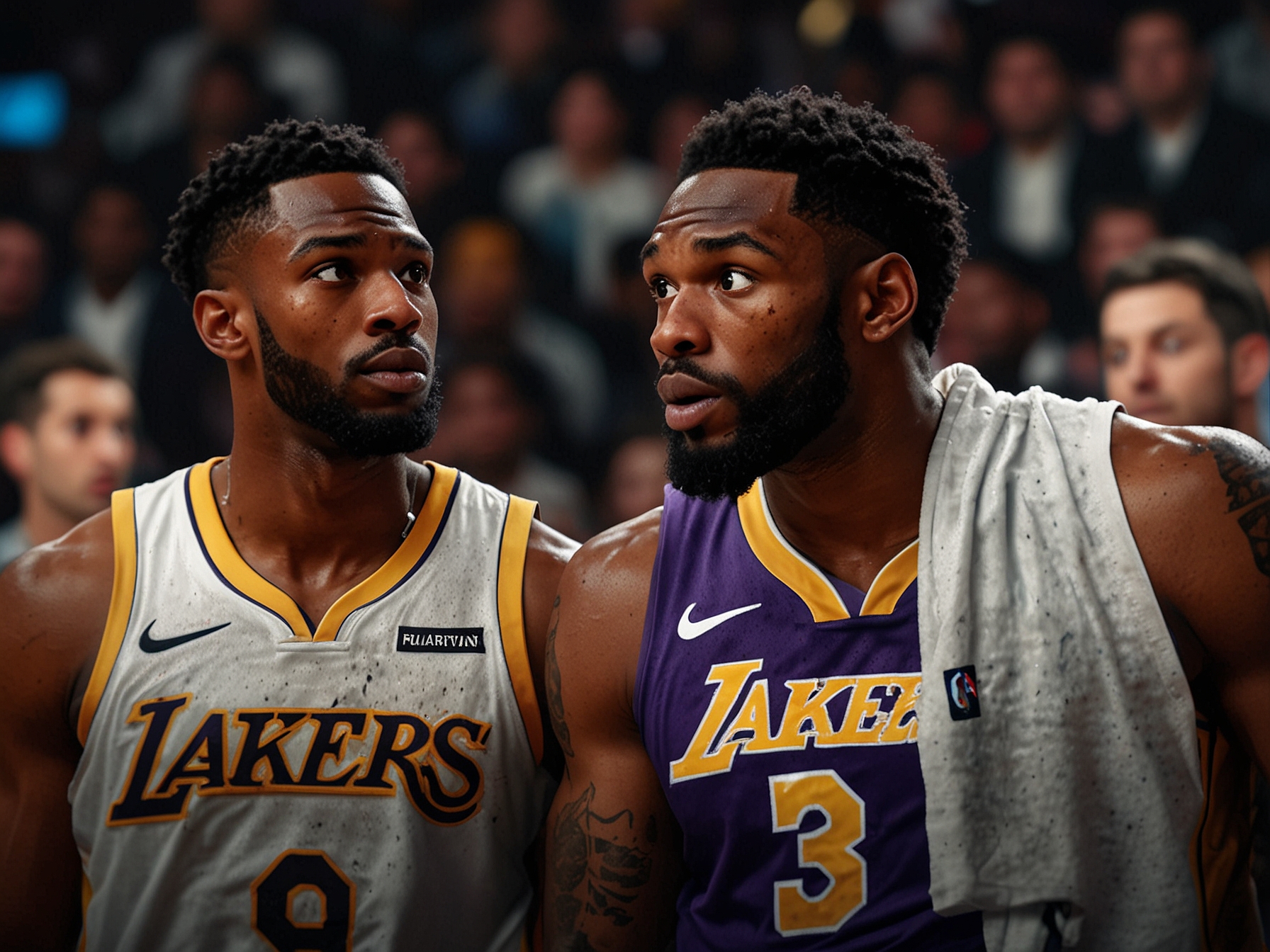 An intense moment from a Lakers game showing players in action against the Miami Heat, capturing the disappointment on their faces after a tough defeat.