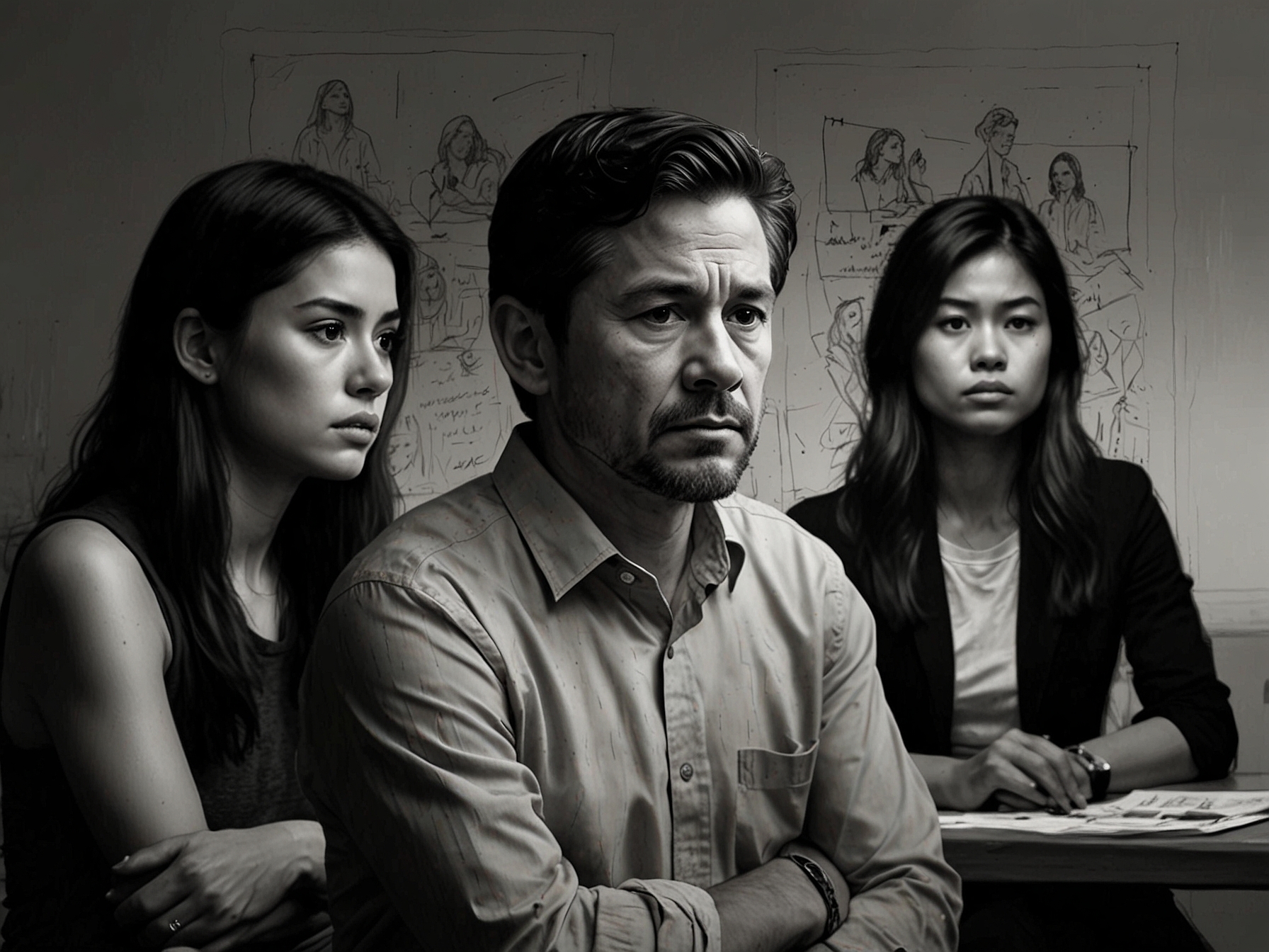 A somber Anthony Jennings looking contemplative, surrounded by blurred images of Jamela Villanueva and Maris Racal, conveying the emotional turmoil of a high-profile breakup.