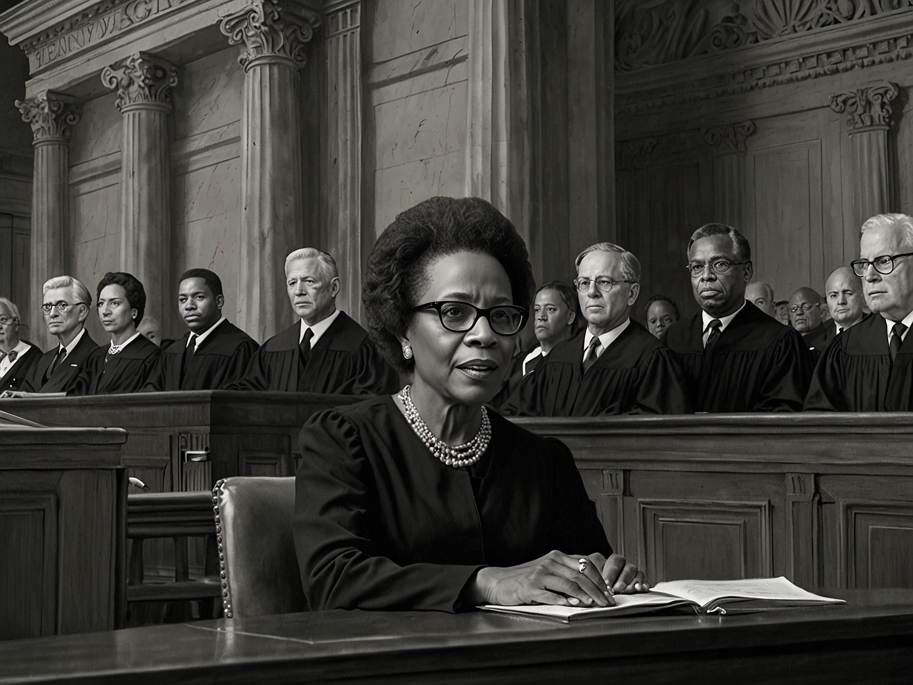 Visual depiction of a courtroom during a gender transition case, where Justice Jackson is engaged in a discussion, emphasizing the legal and social implications of her comments.