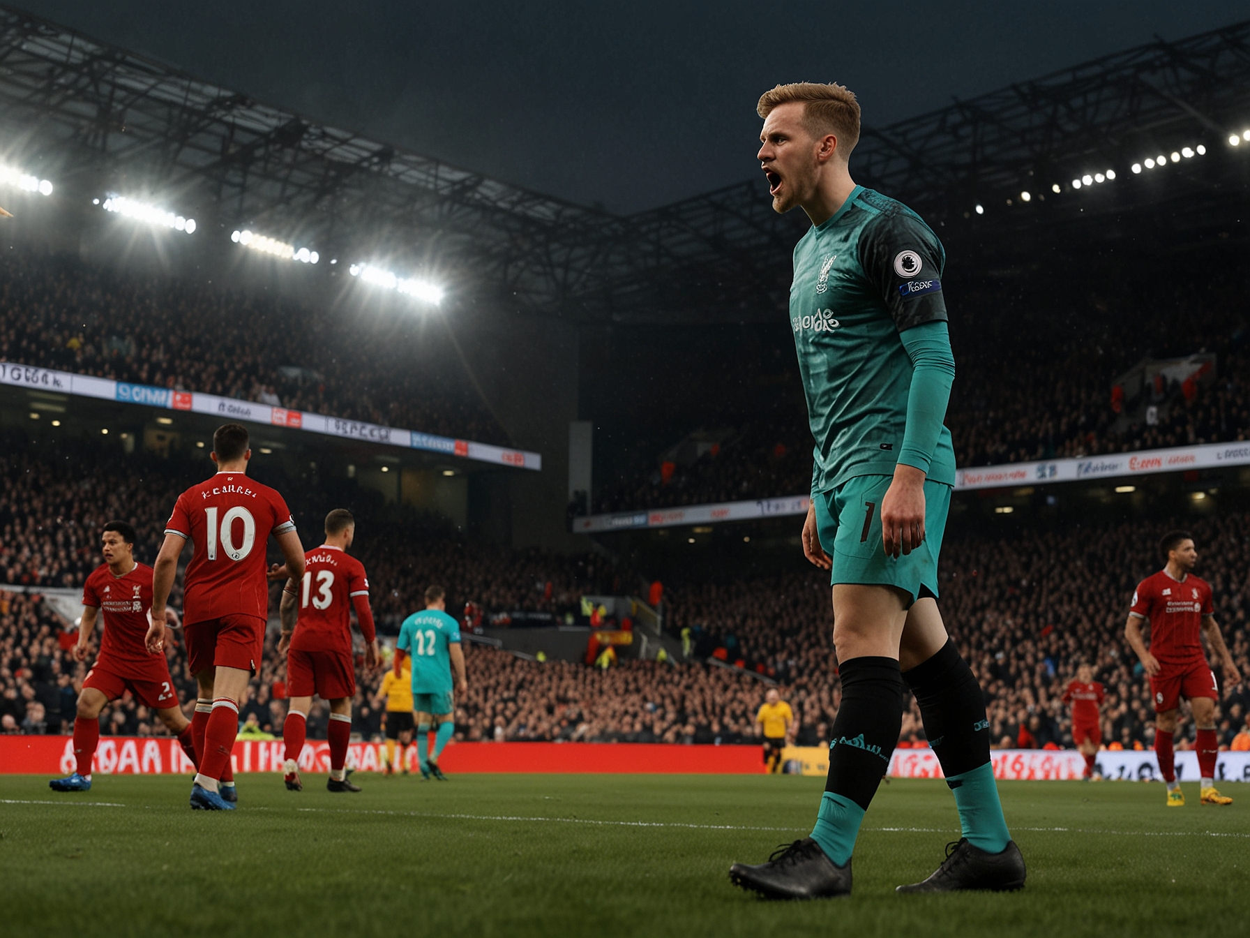 A tense moment during the match between Liverpool and Newcastle United, showing Caoimhin Kelleher in action as he prepares for a crucial free kick, reflecting the high stakes of the game.