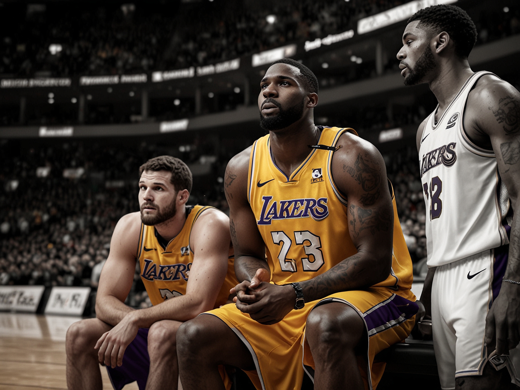 A dramatic scene from the game showing the Lakers players looking dejected on the court after the significant loss, contrasted by celebrating Heat players in the background. Fans in the stands display shock and disappointment.