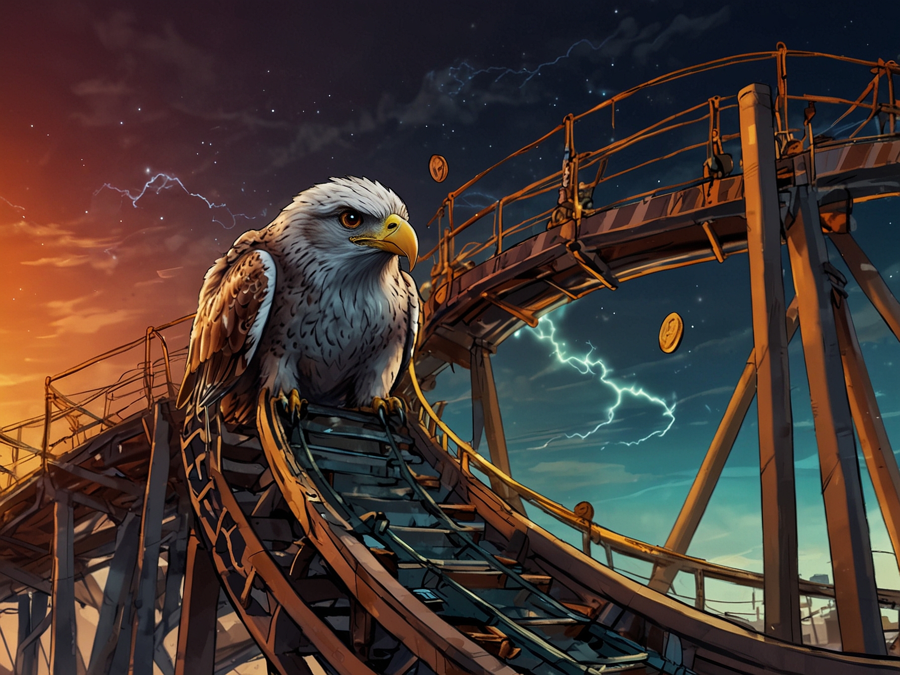 An imaginative depiction of the HAWK memecoin journey, showing a rollercoaster representing the volatile cryptocurrency market with the Hawk Tuah symbol and social media reactions in the background.