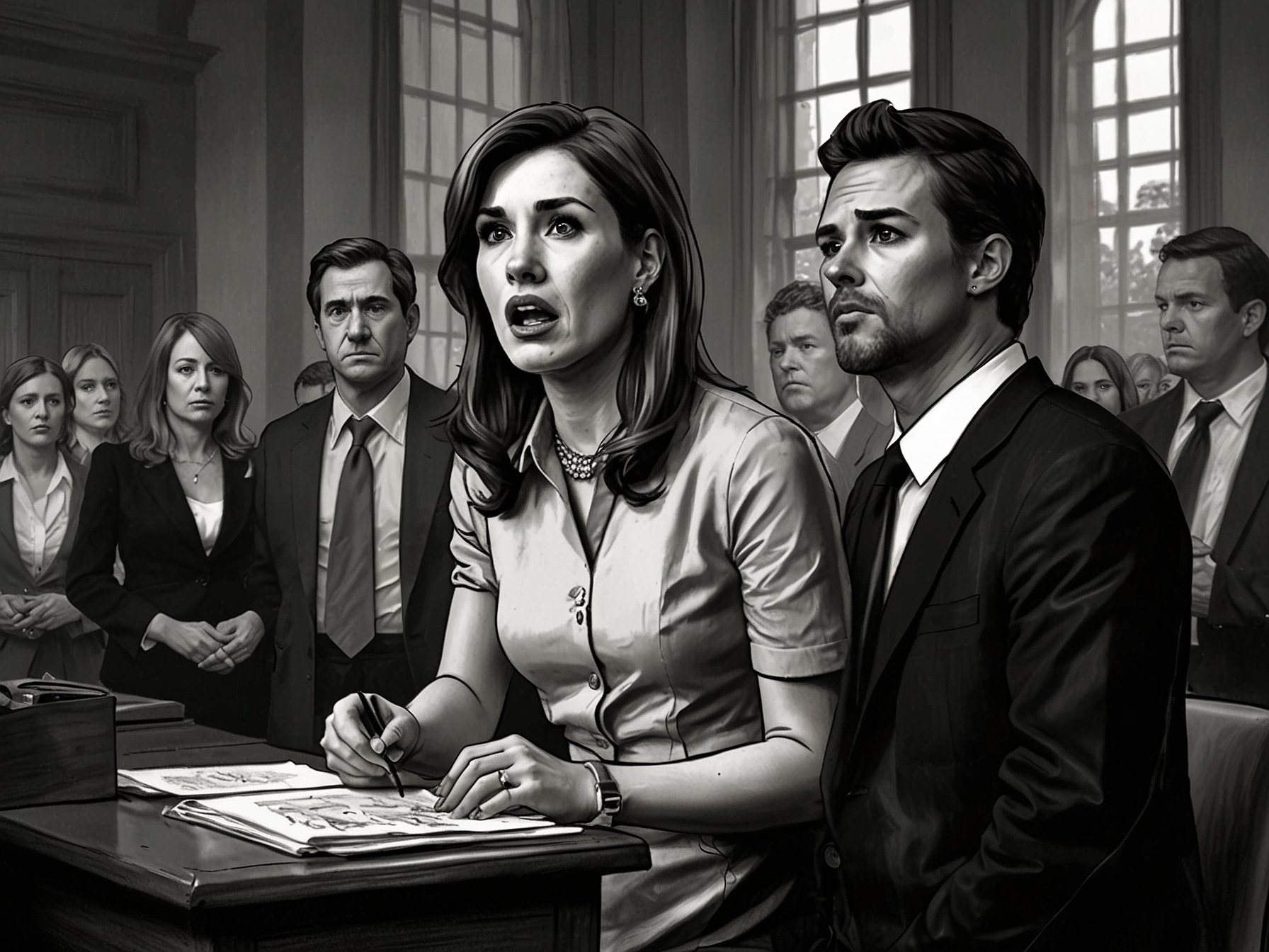 An intense political meeting where Tiffany Henyard expresses her frustration over losing the caucus while party members look on in disbelief, capturing the tension and drama of the moment.