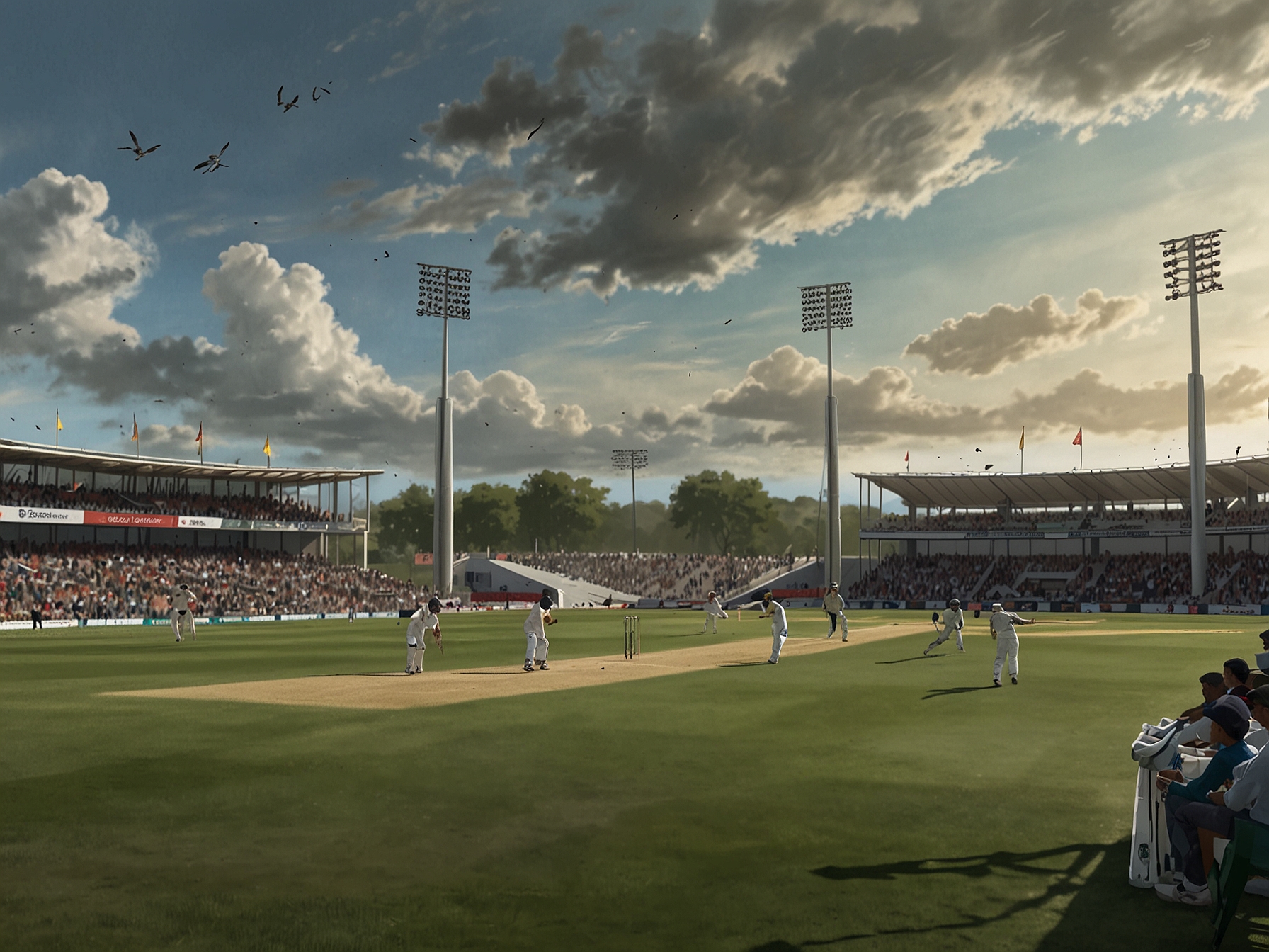 A tense cricket match at St George's Park featuring South African players in action against Sri Lanka, amidst cheers from the crowd and strong winds affecting gameplay.