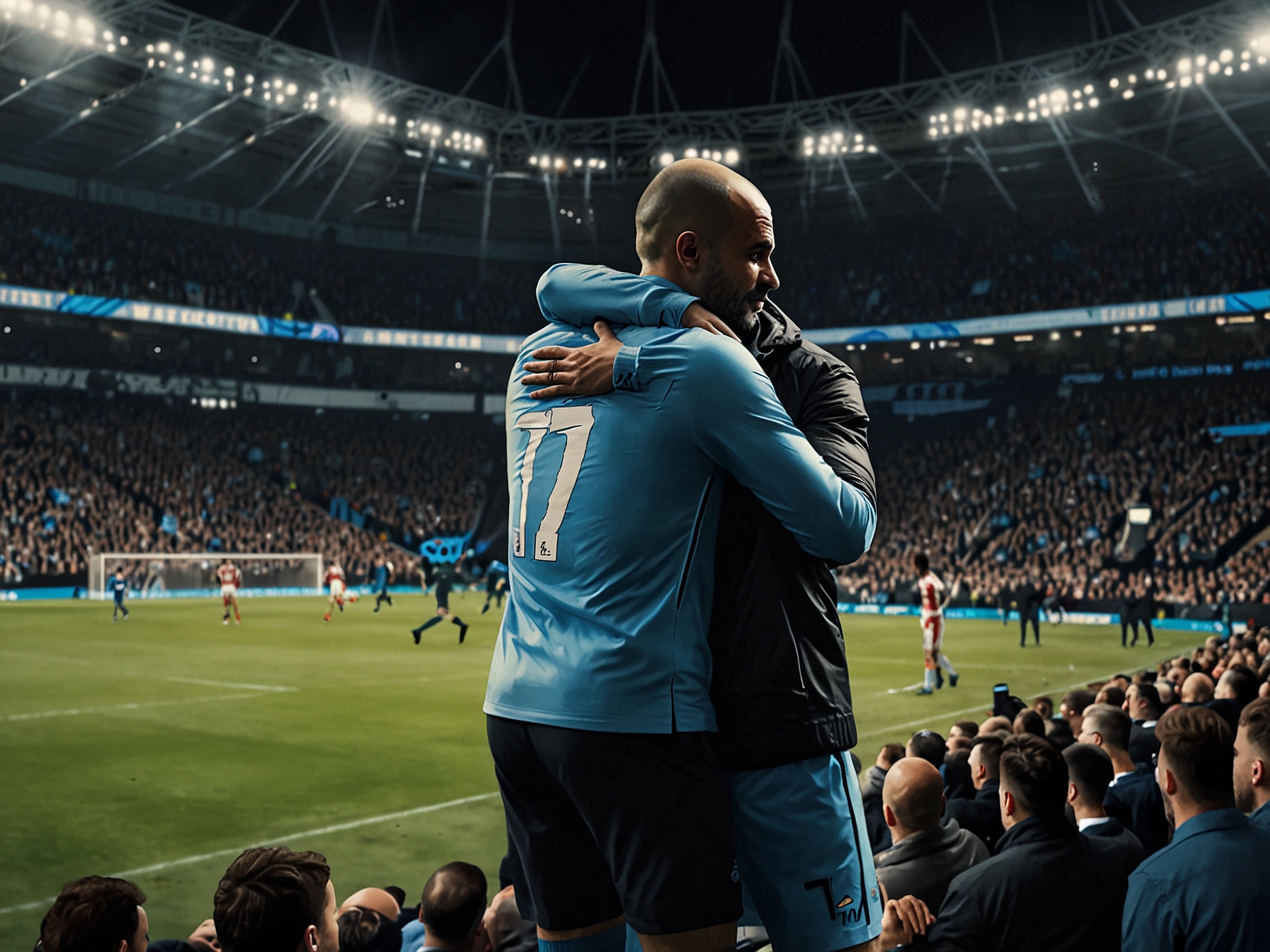 The stadium is filled with enthusiastic Manchester City fans celebrating their team's 3-0 victory over Nottingham Forest, as players embrace each other on the pitch. Pep Guardiola stands calmly at the sidelines, analyzing the game.