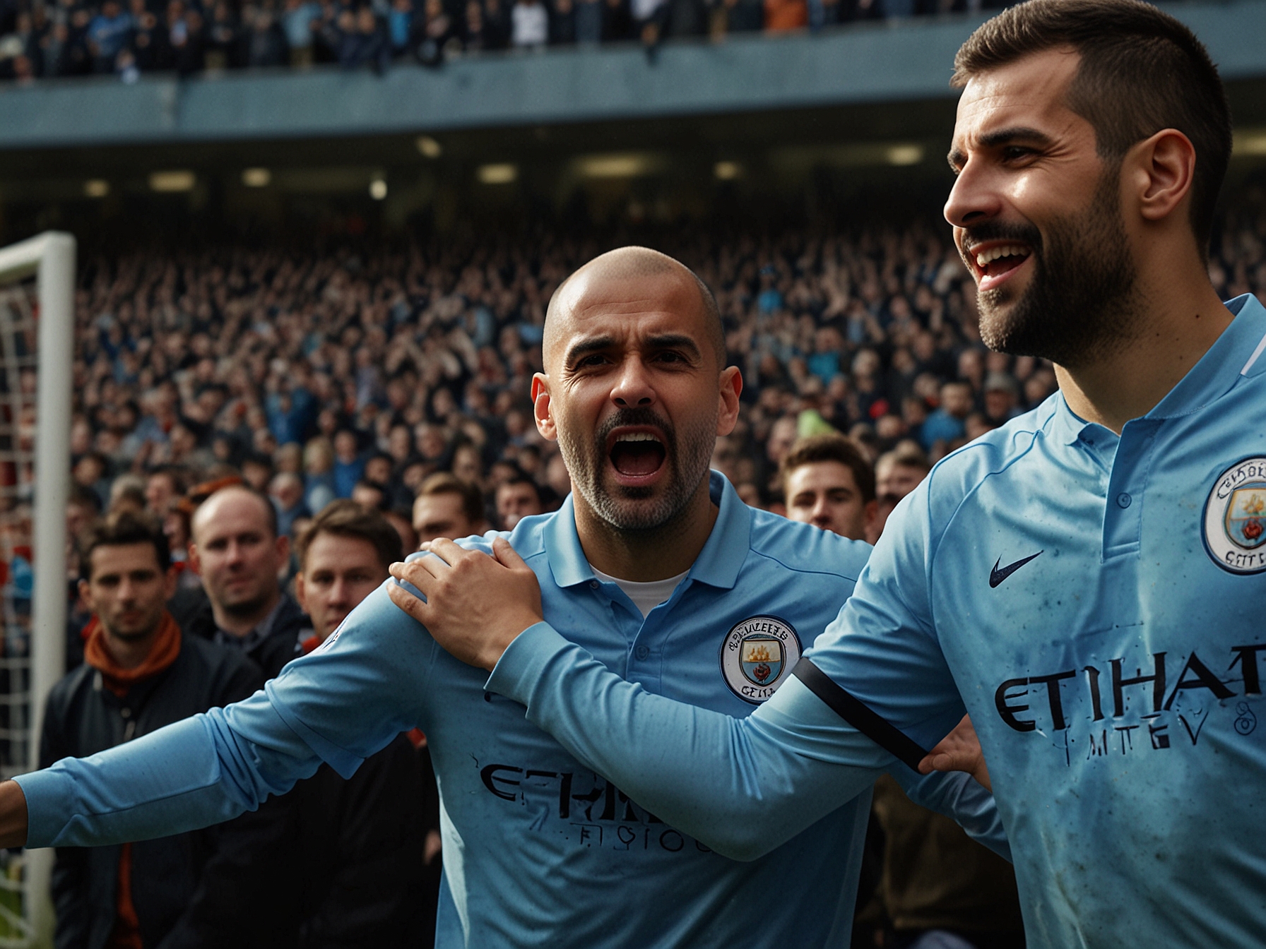 Close-up of Bernardo Silva, Kevin De Bruyne, and Jeremy Doku celebrating after scoring goals during the match, showcasing their elation and unity as a team amidst a backdrop of cheering fans.