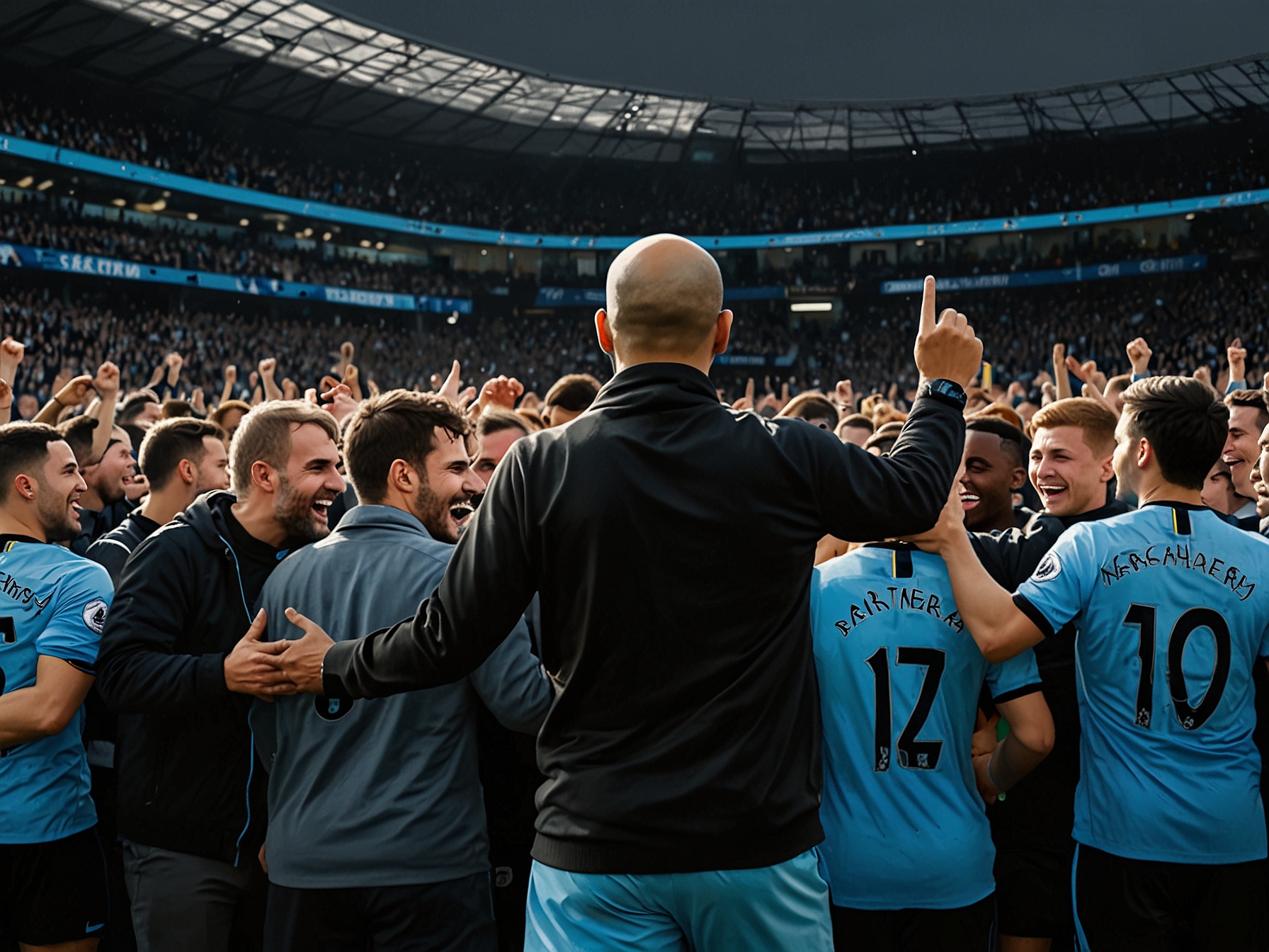 An aerial view of the pitch during the match, highlighting the action as Manchester City players press forward against Nottingham Forest, with vibrant team colors contrasting against the lush green grass.