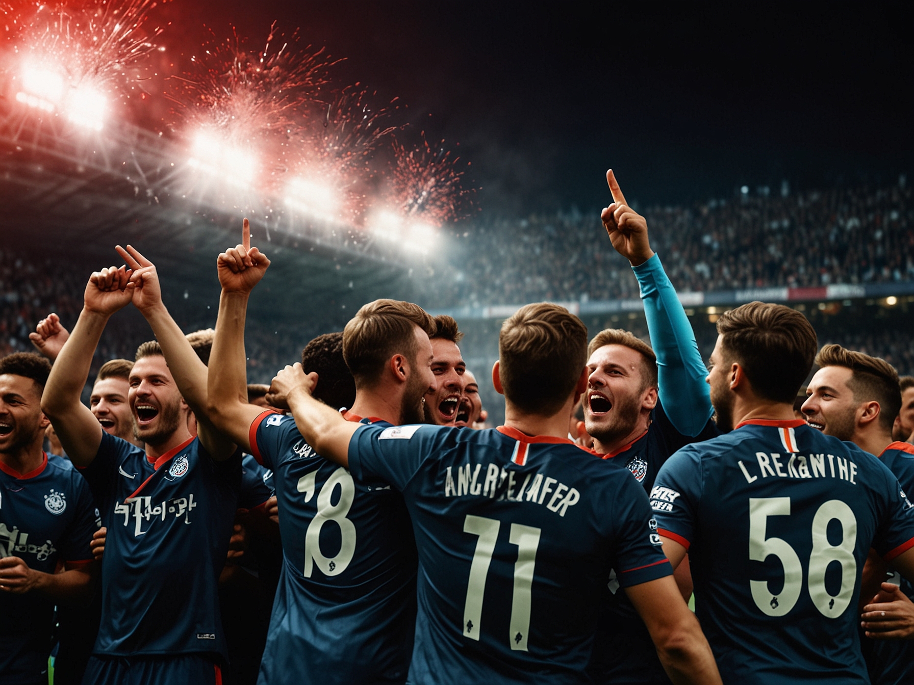 A dynamic scene from the DFB-Pokal match showing RB Leipzig players celebrating a goal, showcasing their excitement and team spirit after a stunning performance against Eintracht Frankfurt.
