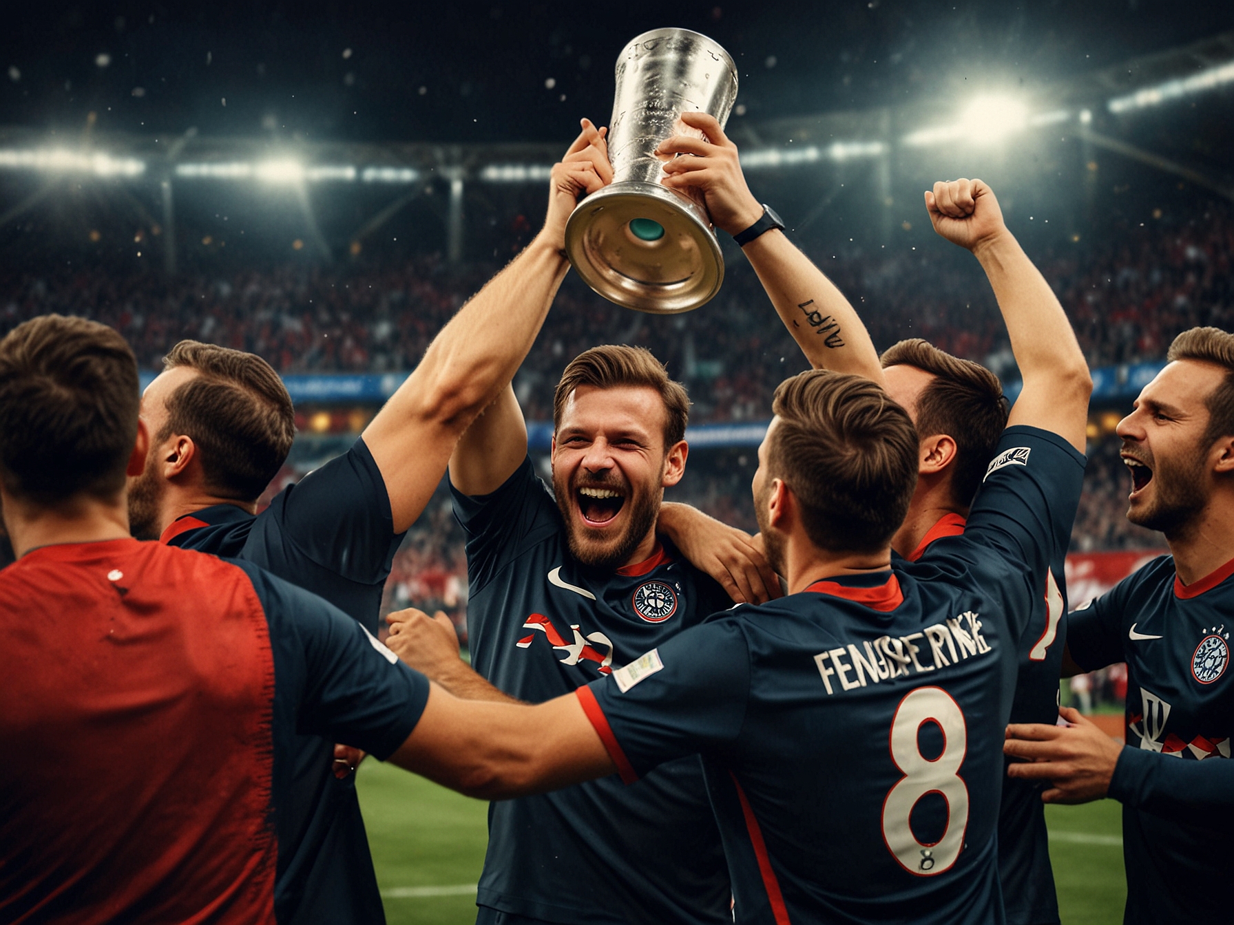Lois Openda celebrates with his teammates after scoring one of his two goals, illustrating the electrifying energy and unity of the RB Leipzig team during the match.