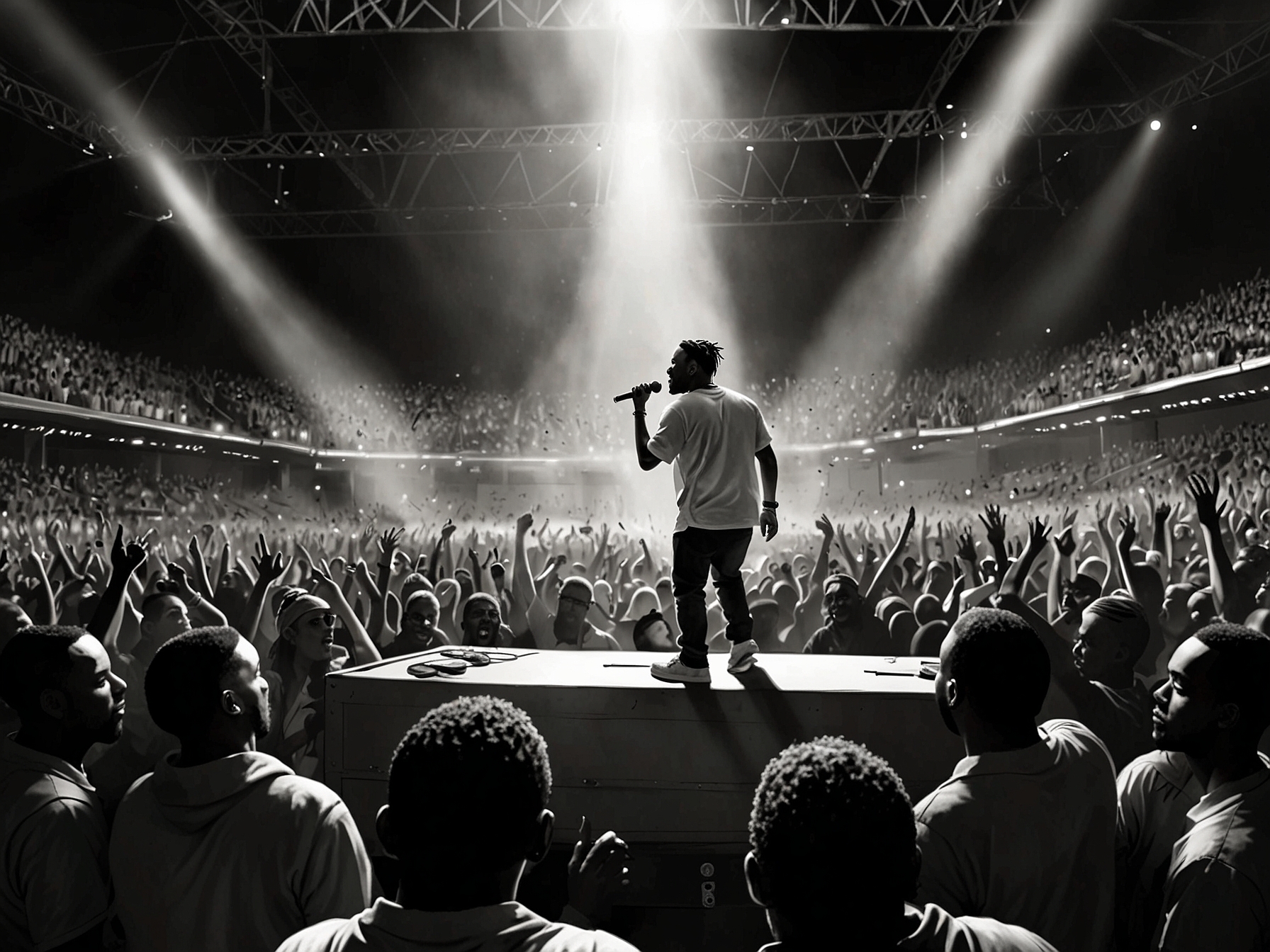 An electrifying concert scene showing Kendrick Lamar on stage, performing passionately before a packed stadium of enthusiastic fans.