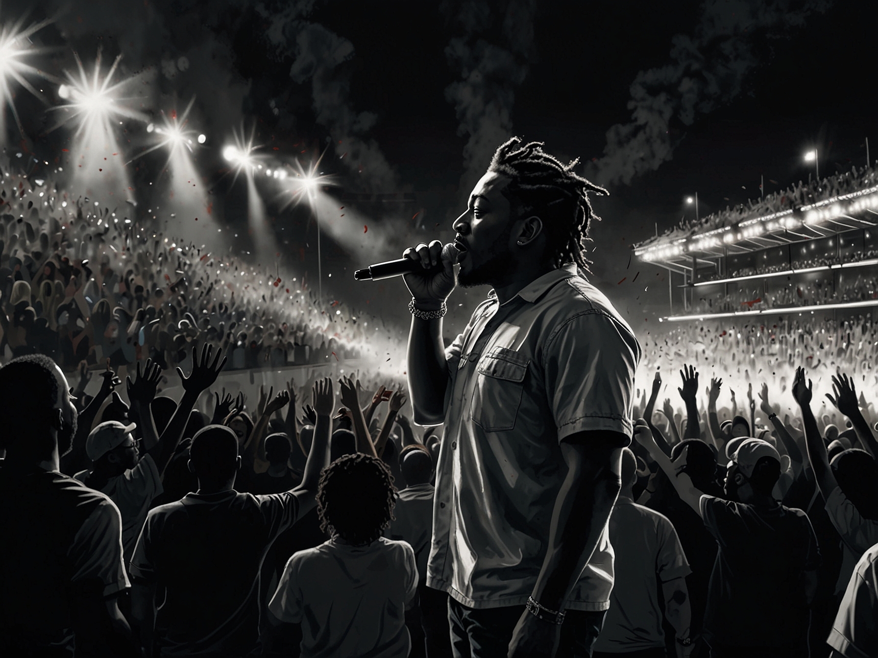 A close-up of Kendrick Lamar's album 'GNX' on a vinyl record along with a backdrop of concert tickets, symbolizing his musical success and upcoming tour.