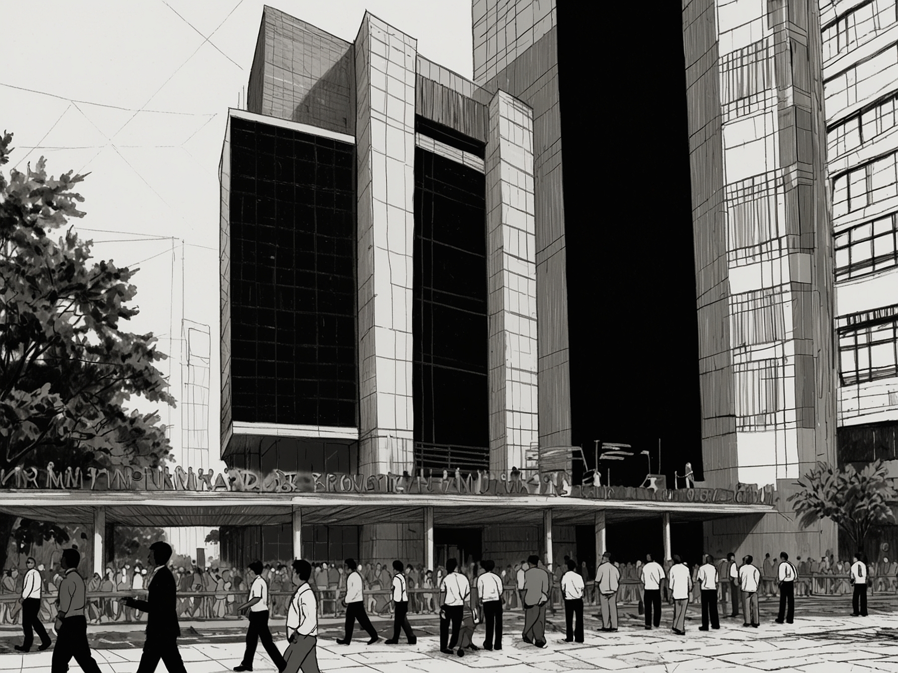 An image showing the Indonesia Stock Exchange building bustling with activity during the IPO debut of Adaro Andalan, highlighting investors eagerly watching stock prices rising.