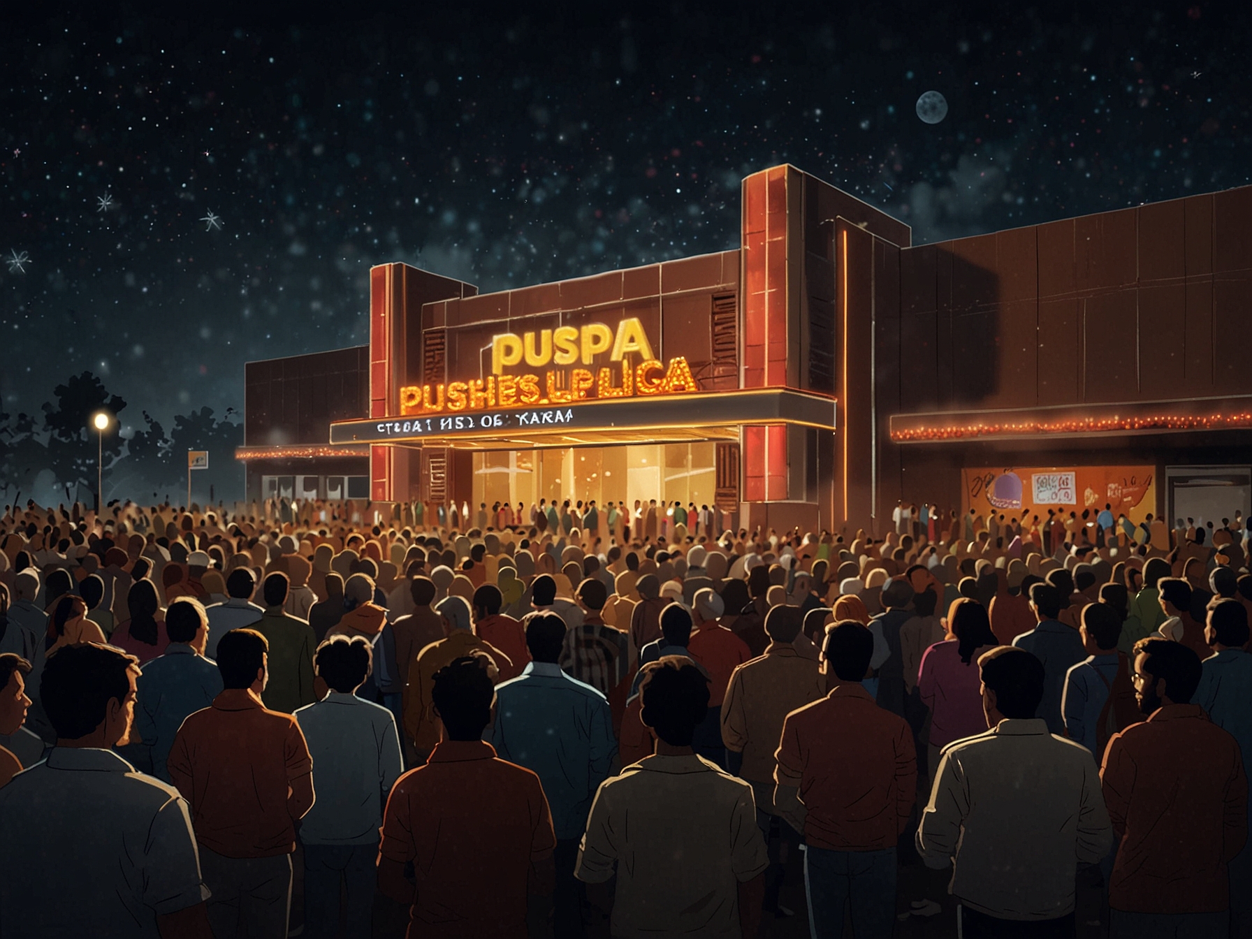 An engaging image of a crowded multiplex theater showcasing eager fans lined up for Pushpa 2, capturing the excitement and anticipation surrounding its release in December.