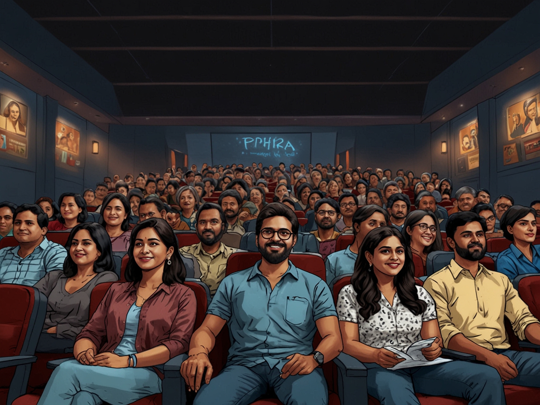 A vibrant scene of ticket booth sales at a cinema, illustrating the rise in ticket prices and the enthusiastic crowds hoping to secure their seats for the blockbuster Pushpa 2.