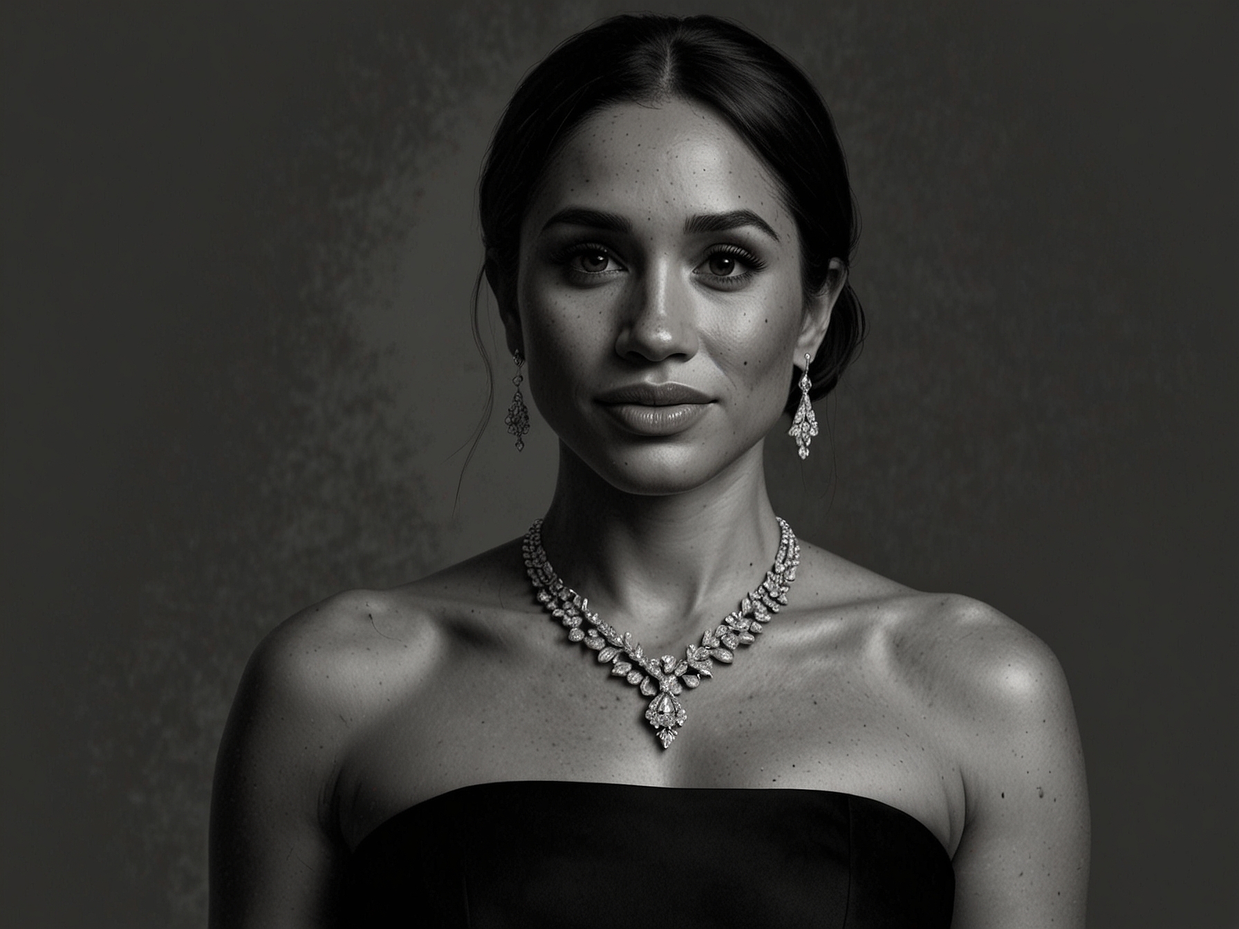 Meghan Markle stands confidently on the red carpet, adorned in a strapless black gown that elegantly flows around her, accentuated by a dazzling diamond necklace.