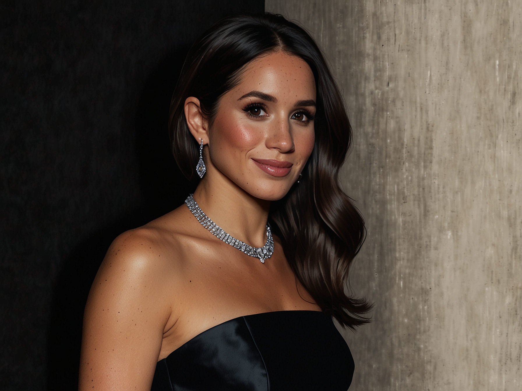 A close-up of Meghan's elegant makeup and hairstyle, highlighting her glowing confidence against the glamorous backdrop of the Hollywood gala.