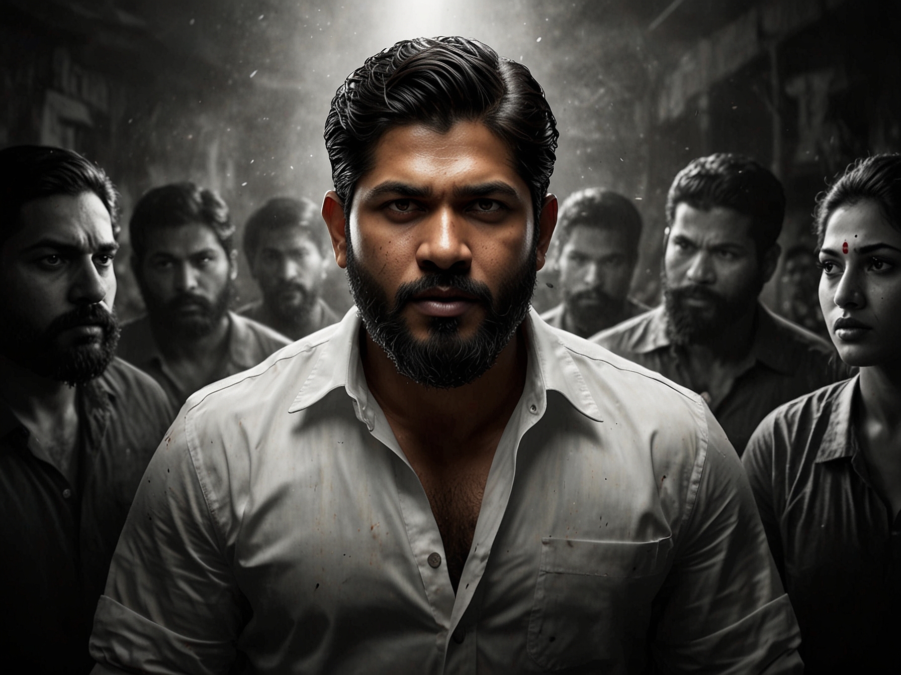 A gripping scene from Pushpa 2 featuring Allu Arjun as Pushpa Raj, surrounded by villains, showcasing the film's intense confrontations and vibrant visuals.
