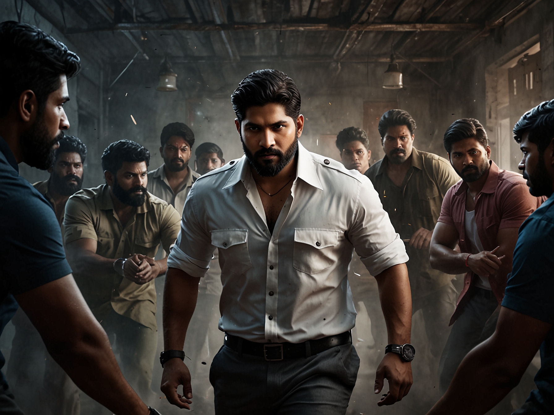 Allu Arjun in a powerful pose during a dramatic moment in Pushpa 2, capturing the film's blend of action and emotion against a stunning backdrop.