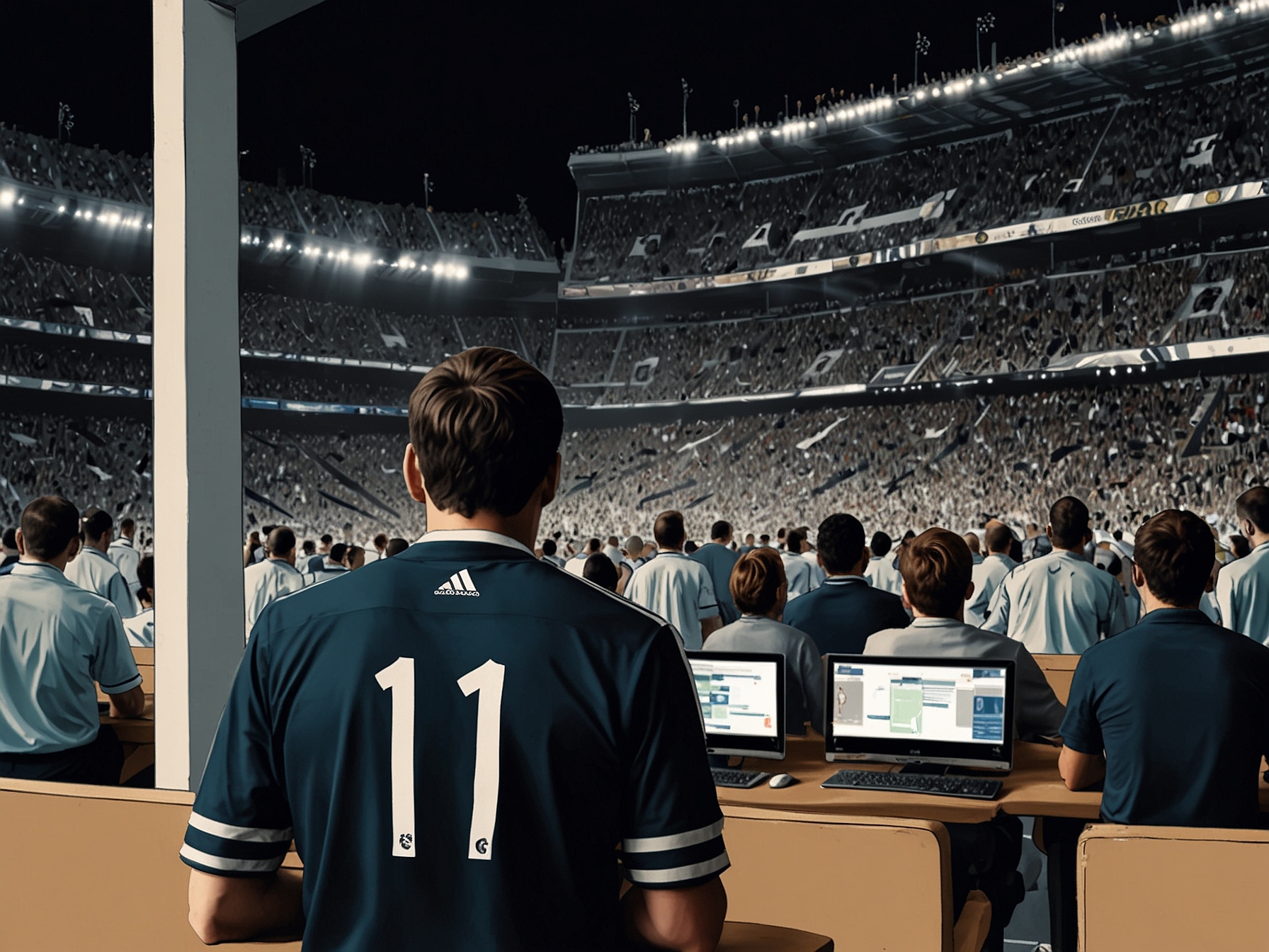 A tense scene at the Santiago Bernabéu Stadium showing disappointed Real Madrid fans watching the match, capturing the shock and disbelief following the recent defeat.