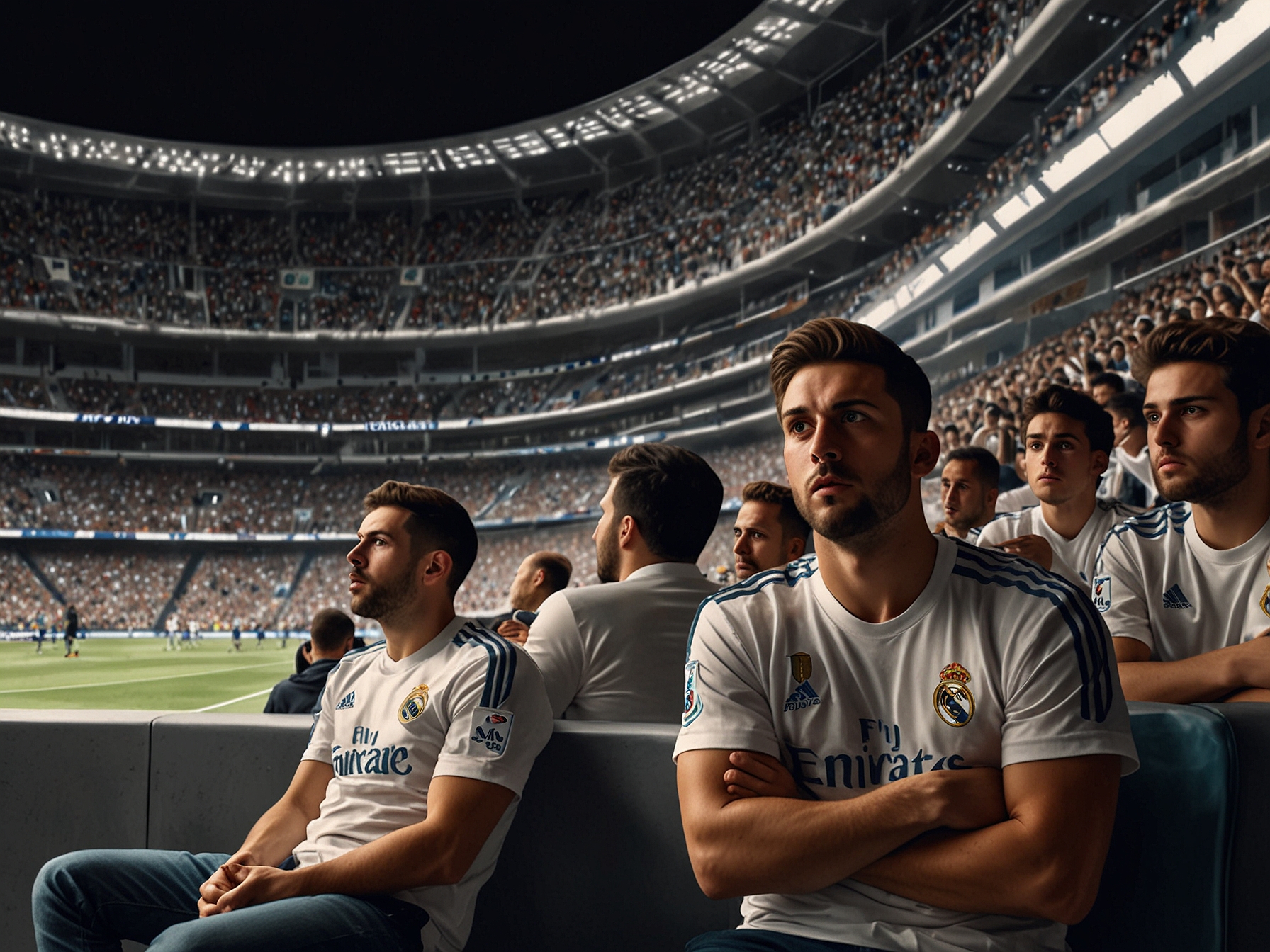 A split image depicting Carlo Ancelotti deep in thought during the post-match analysis, alongside a chart showing Real Madrid's declining performance metrics over recent games.