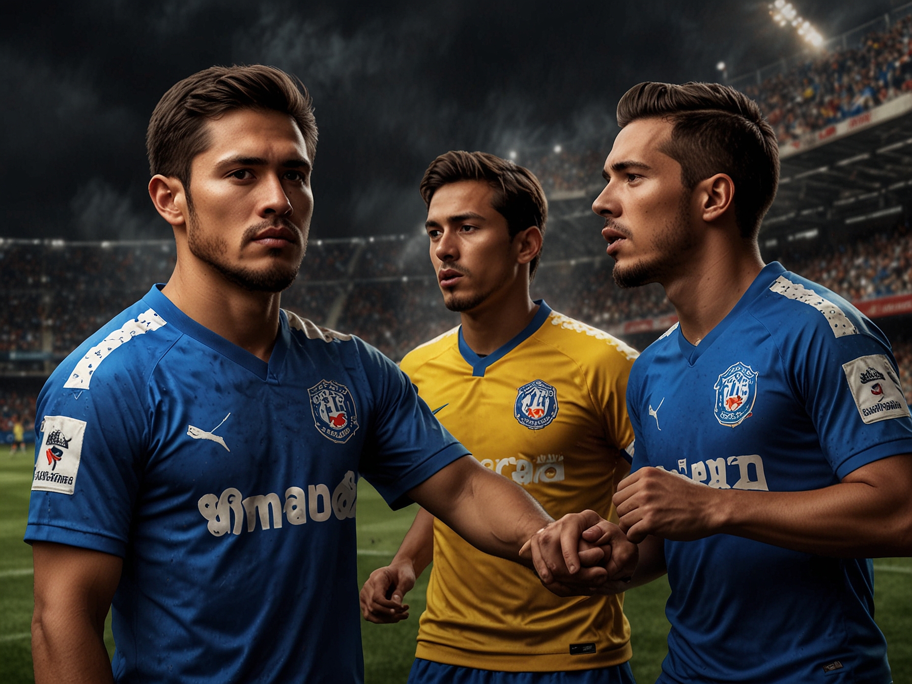 A dynamic image of América and Cruz Azul players preparing for the match, showcasing intense expressions and team colors, capturing the fierce rivalry ahead of their Liga MX semifinal clash. The stadium buzzes with anticipation.
