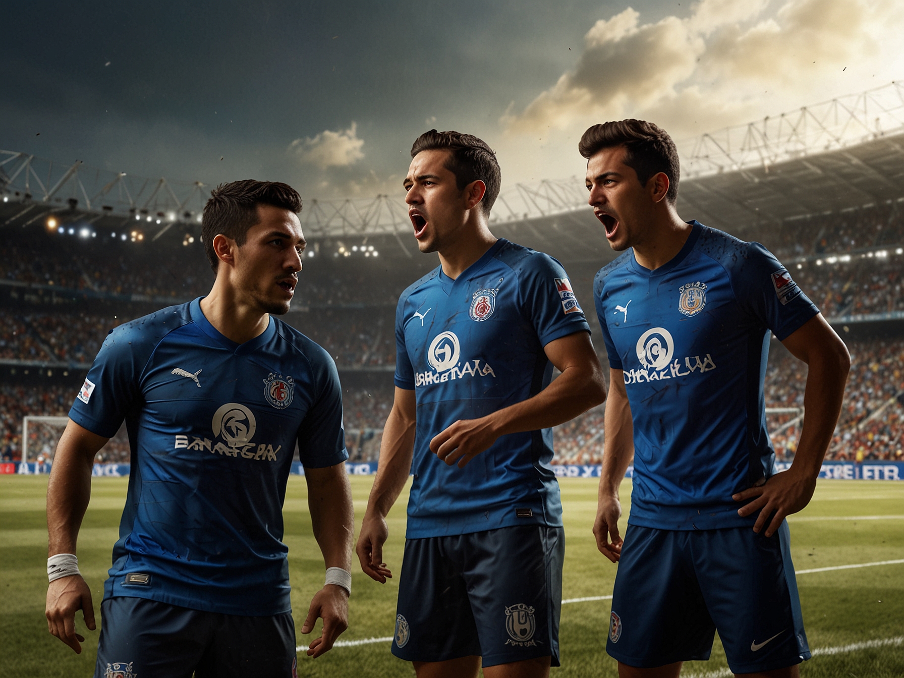 A packed stadium filled with passionate fans of both América and Cruz Azul, waving flags and banners, creating an electric atmosphere that reflects the historical significance of this semifinals match.