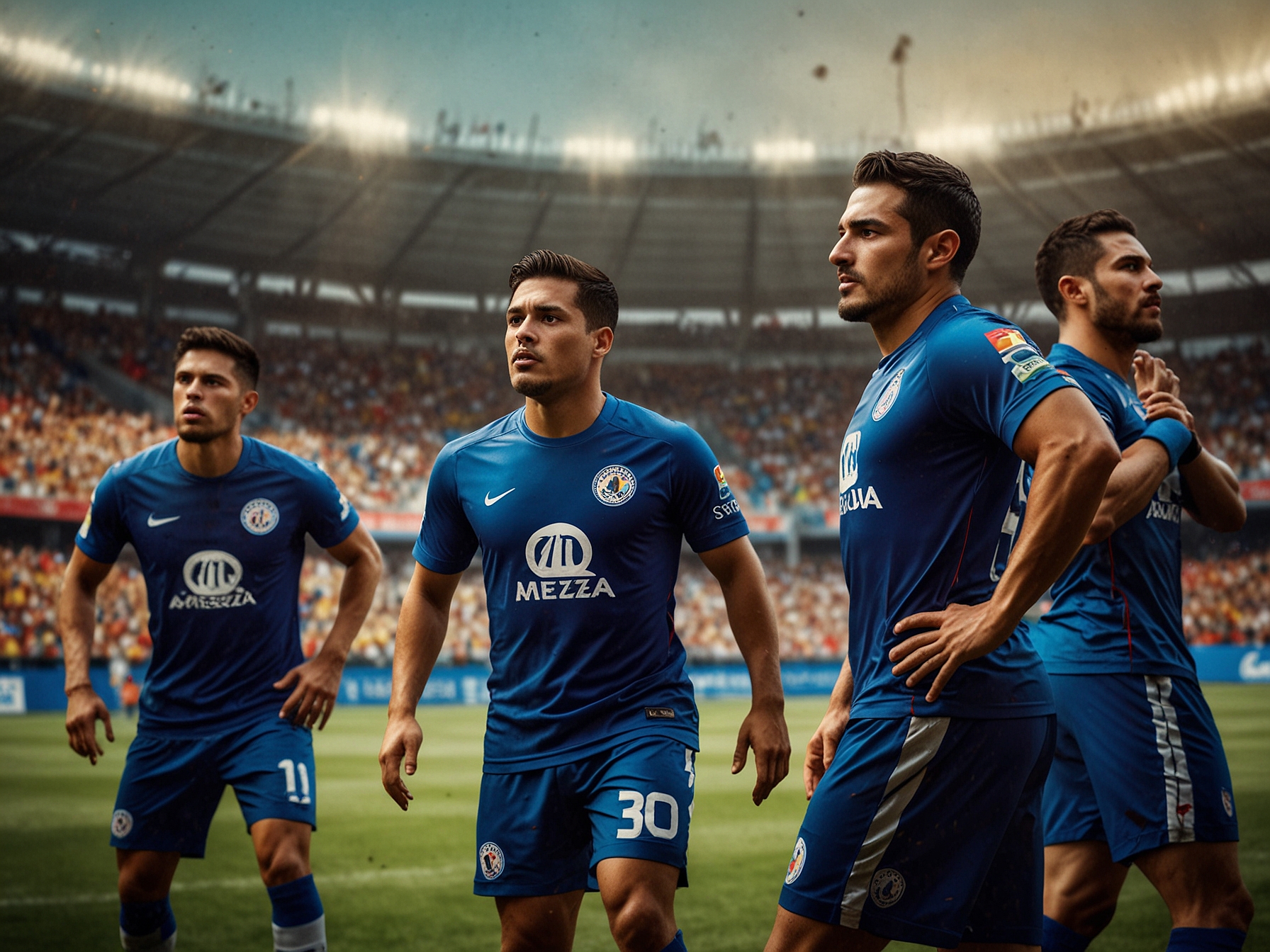 Close-up action shot of América's Brian Rodríguez dribbling the ball past Cruz Azul's Luis Romo, illustrating the fierce competition and star player showdown in the lead-up to the semifinal.