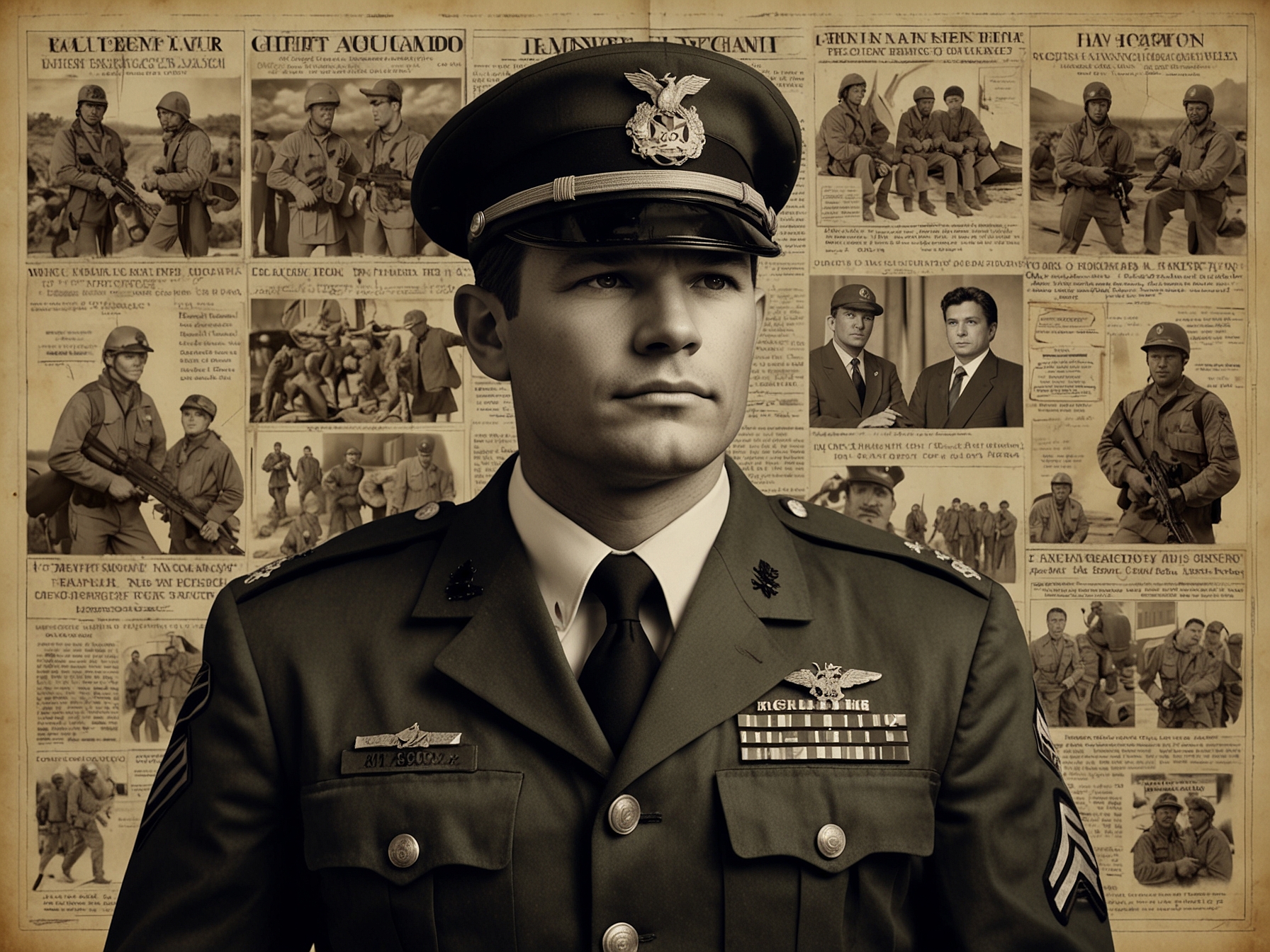 A collage showing Pete Hegseth in his military uniform, juxtaposed with images depicting his time on Fox News and headlines related to his controversies, showcasing his complex journey.