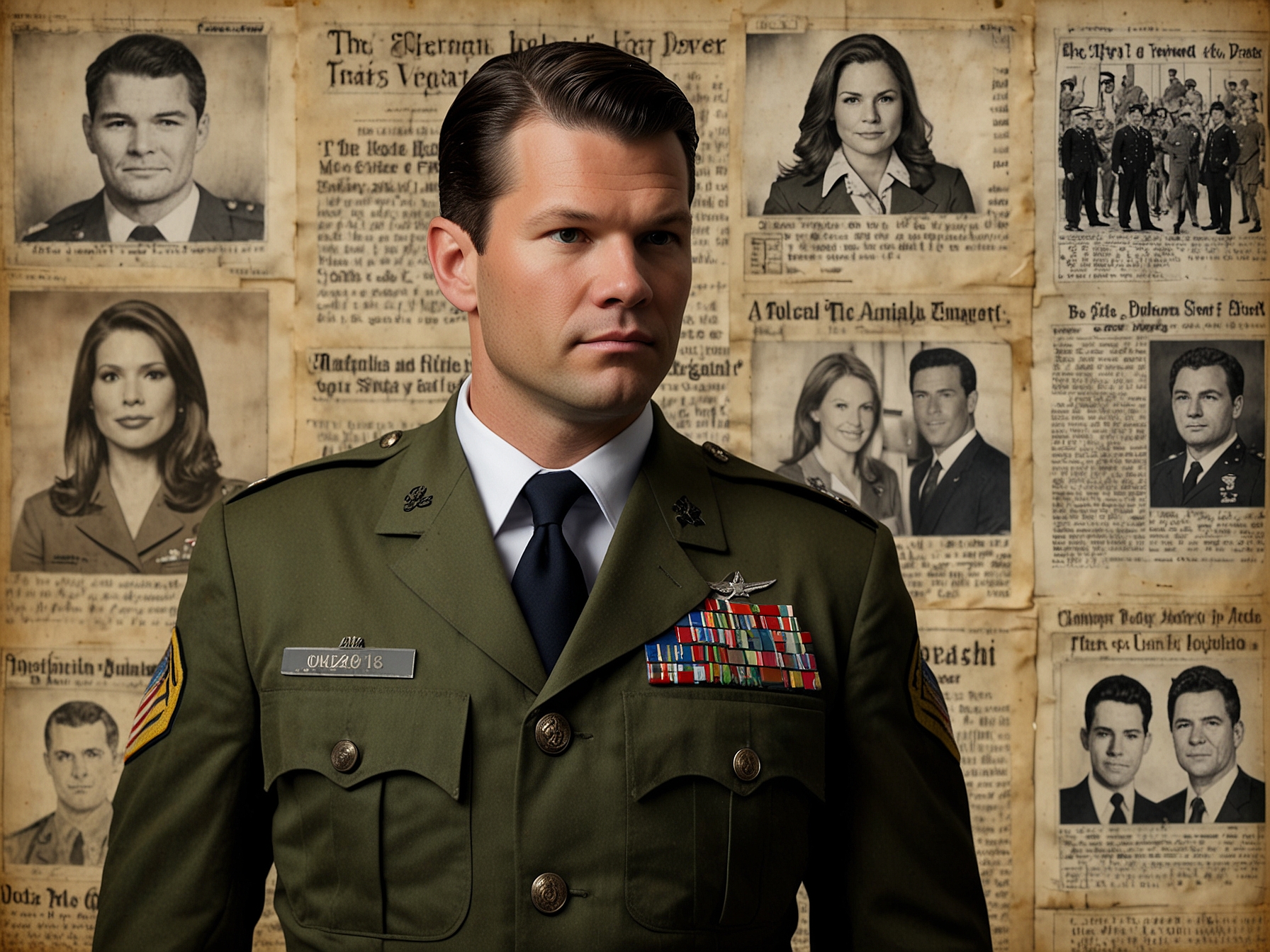 An image of a somber Pete Hegseth during a press conference, reflecting the weight of past allegations and his aspirations for redemption in the public eye.