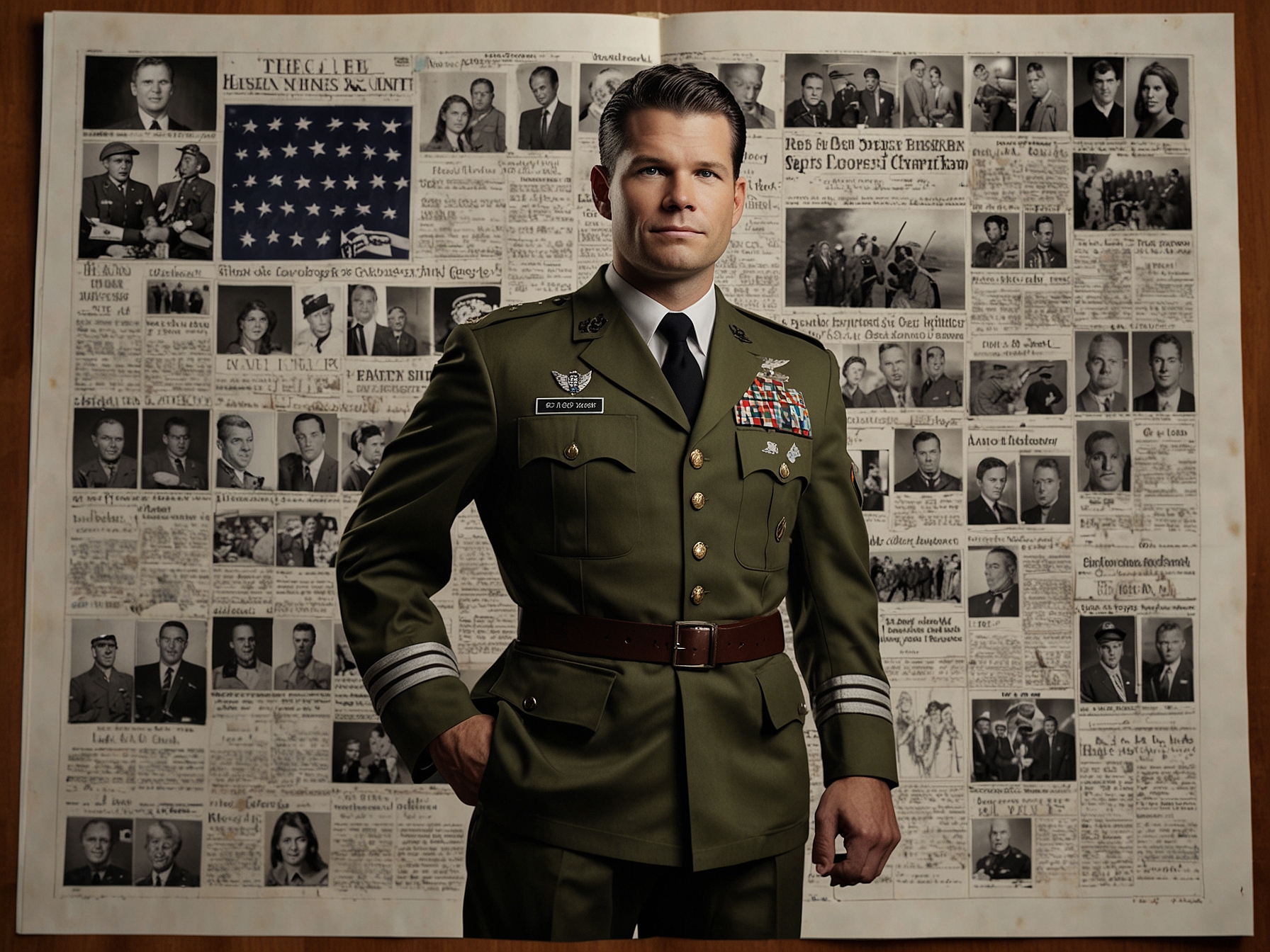 A visual representation of the intersection of Hegseth's military service and political ambitions, featuring patriotic symbols alongside images of rallying supporters.