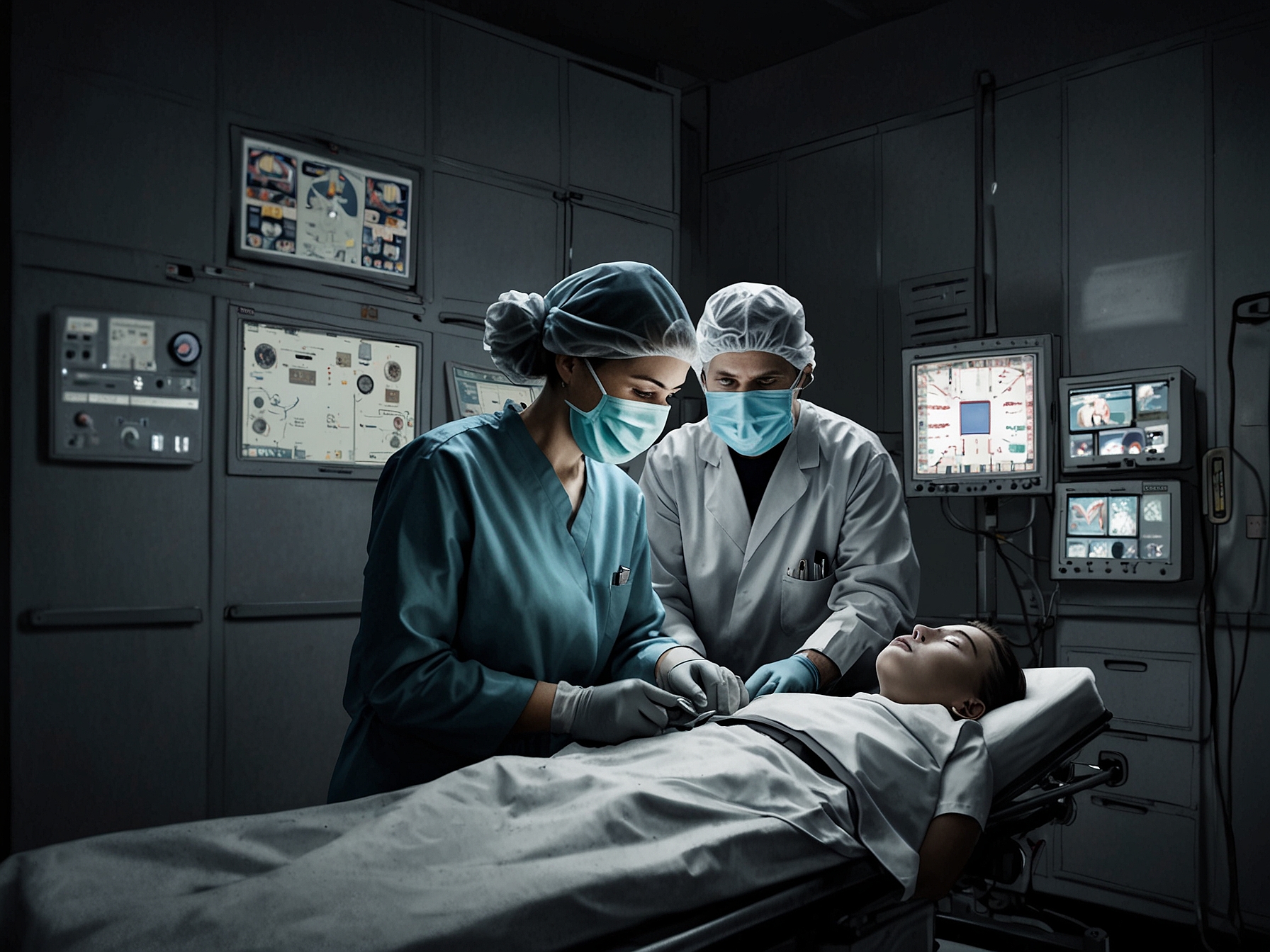 A concerned anesthesiologist monitors a surgical patient's vital signs in the operating room, illustrating the critical role of anesthesia in ensuring patient safety during surgery.