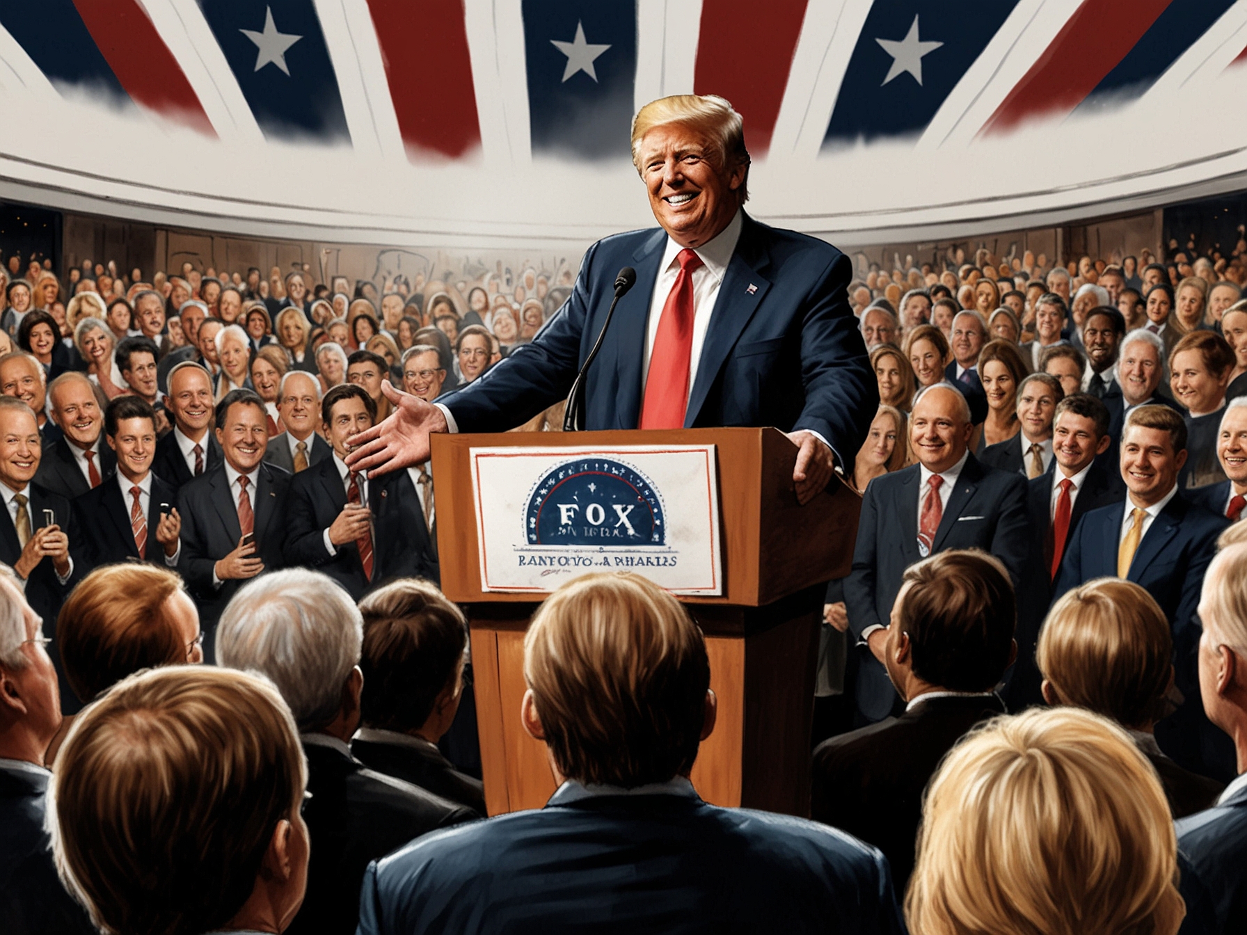 Donald Trump on stage at the Fox Nation Patriot Awards, smiling as he accepts the 'Patriot of the Year' award amidst an audience of supporters and critics.